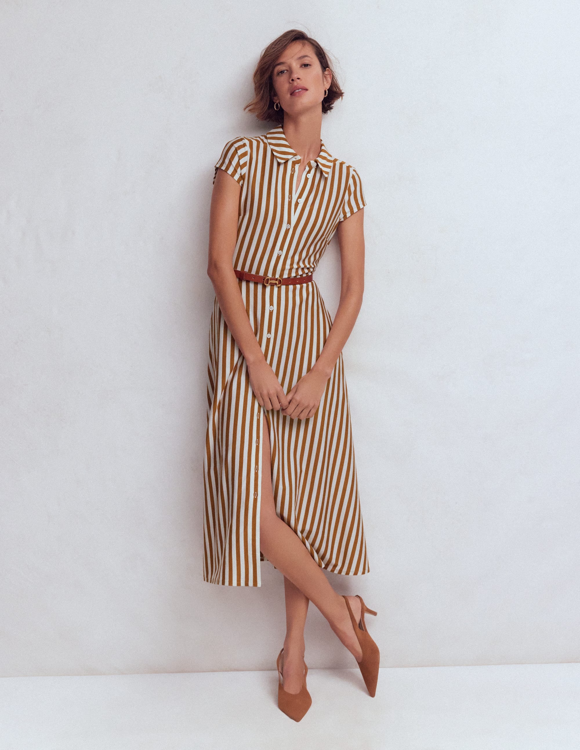 Marcia Jersey Shirt Dress-Cognac and Ivory Stripe - Image 2