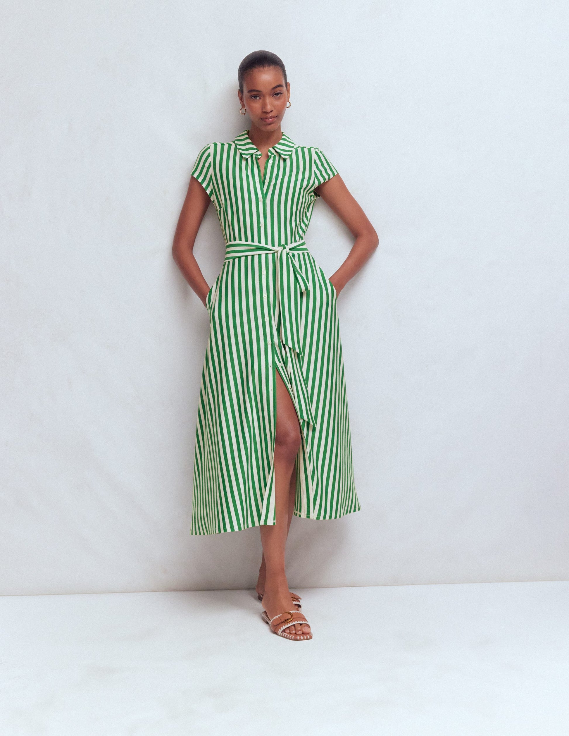 Marcia Jersey Shirt Dress-Green and Ivory Stripe-1