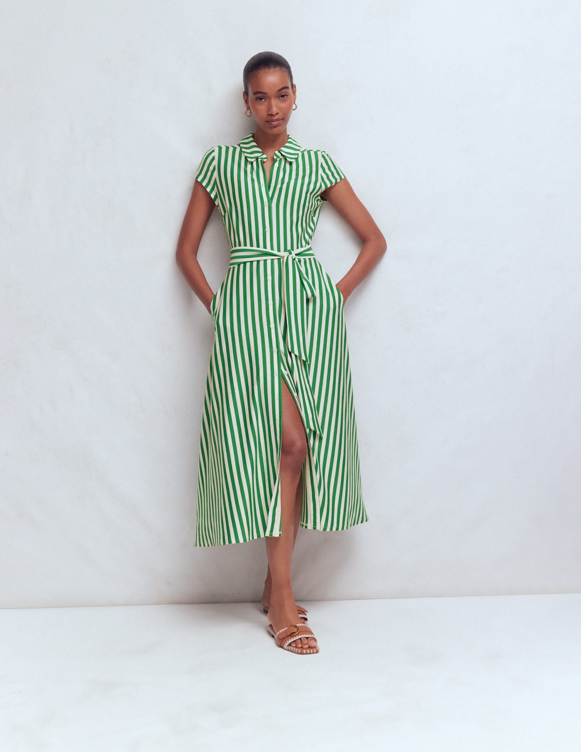 Marcia Jersey Shirt Dress-Green and Ivory Stripe - Image 1