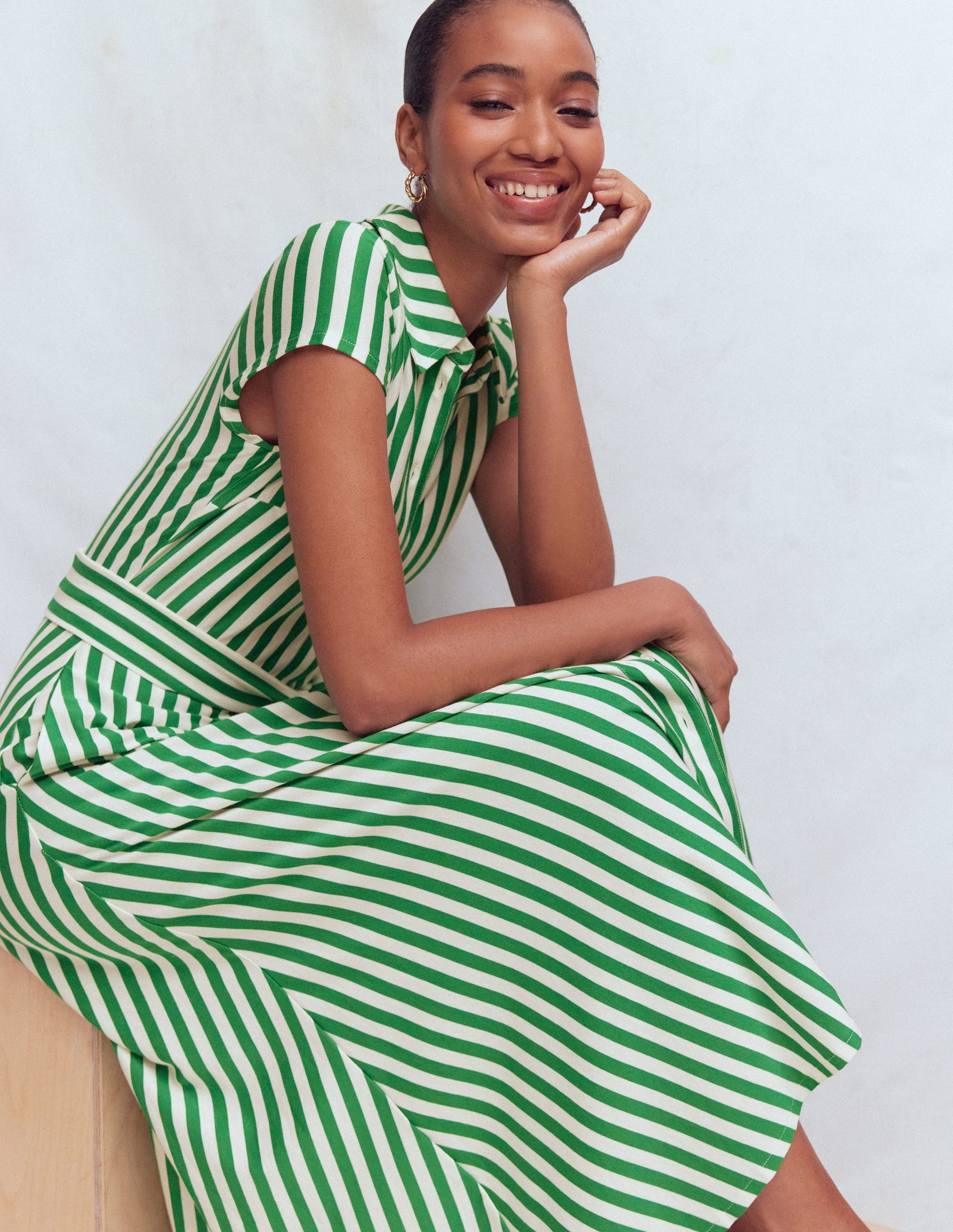 Marcia Jersey Shirt Dress-Green and Ivory Stripe-4