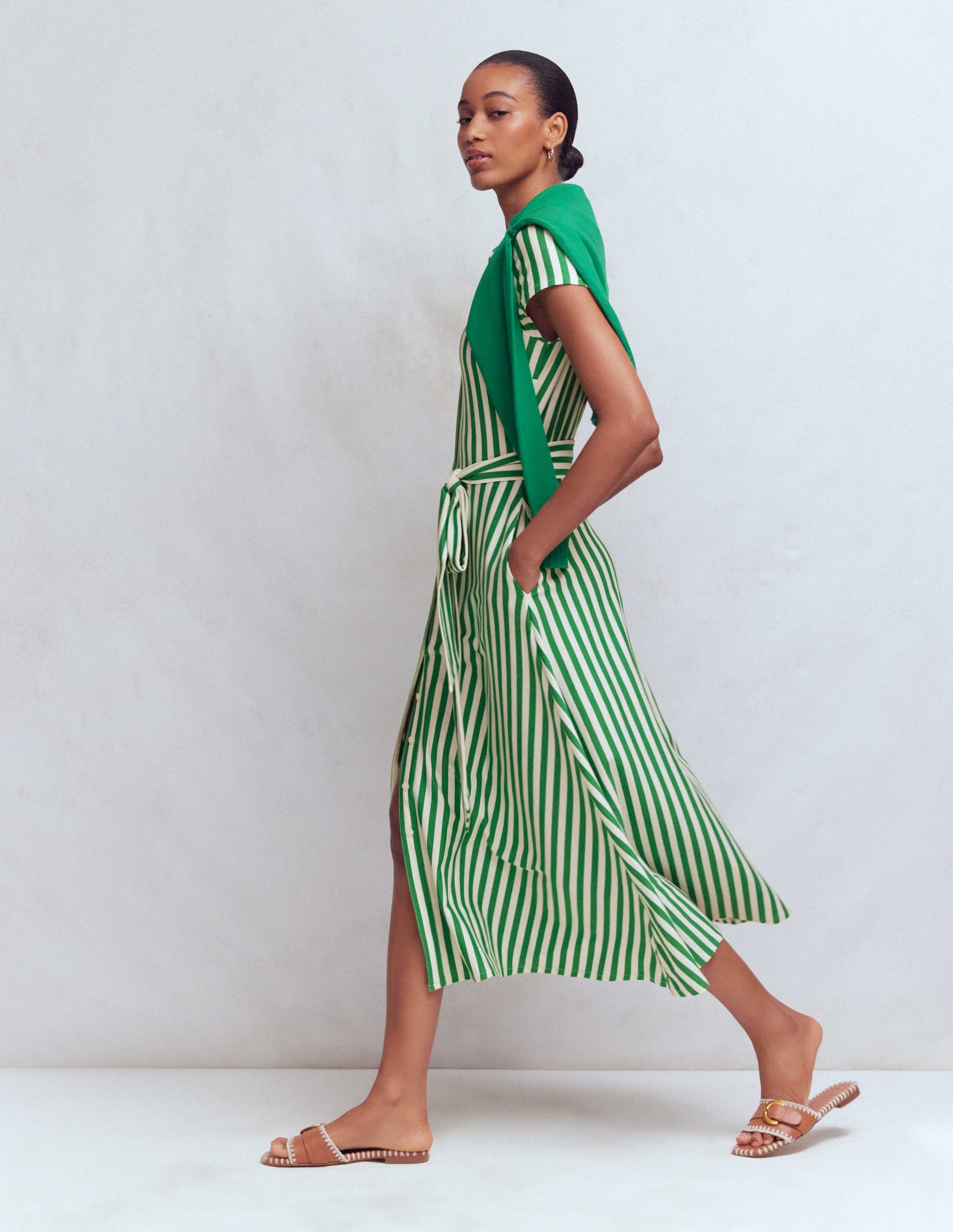 Marcia Jersey Shirt Dress-Green and Ivory Stripe-5