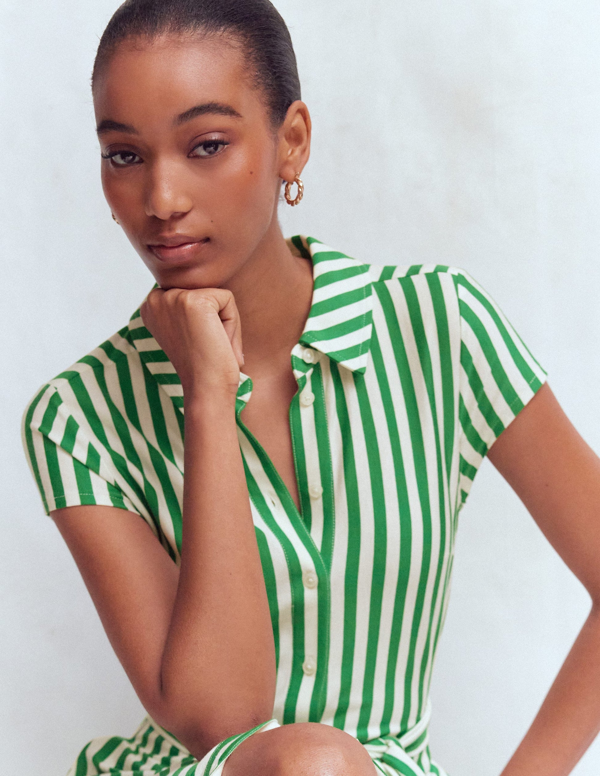 Marcia Jersey Shirt Dress-Green and Ivory Stripe-6