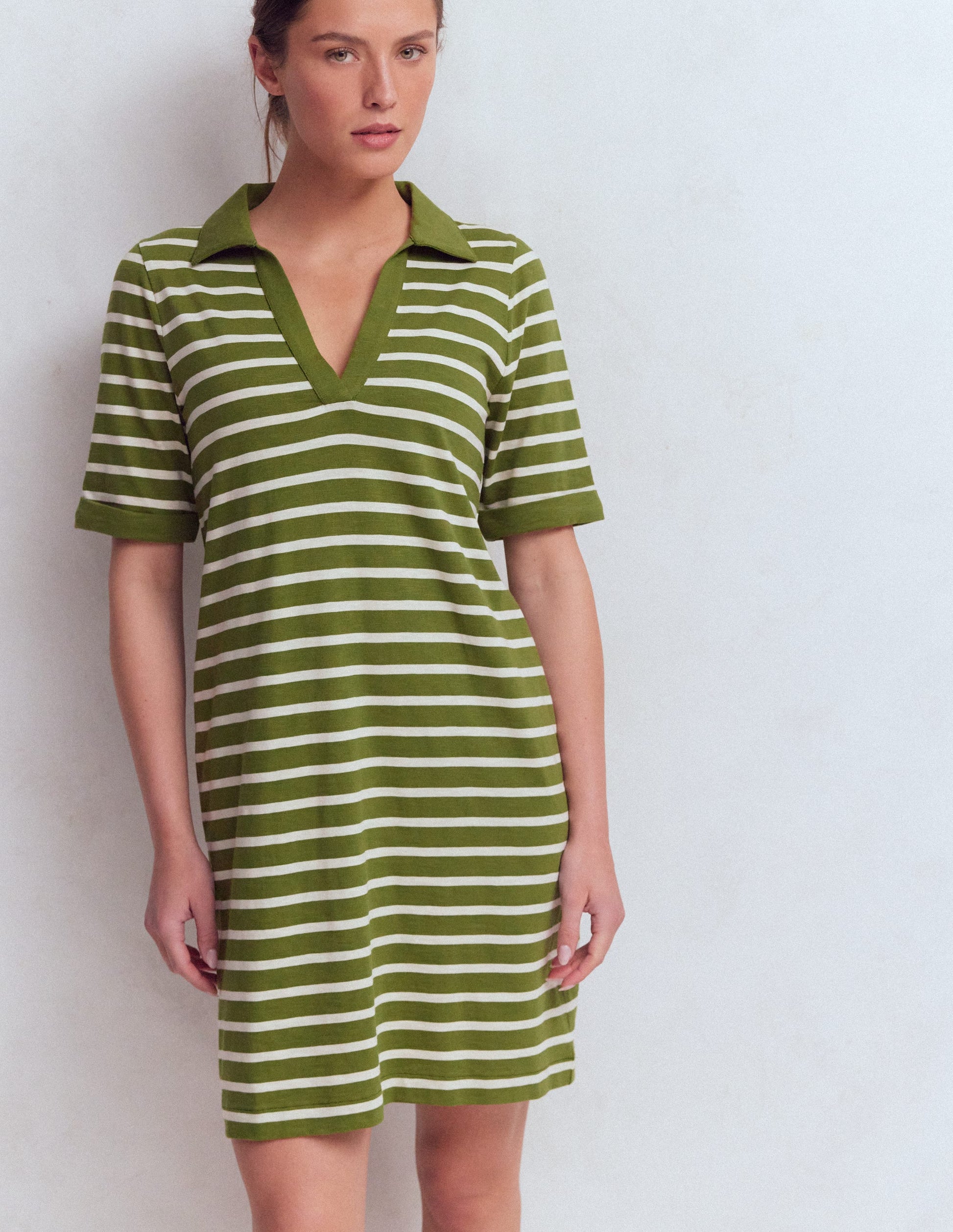 Tilda Jersey T-shirt Dress-Olive and Ivory Stripe-1
