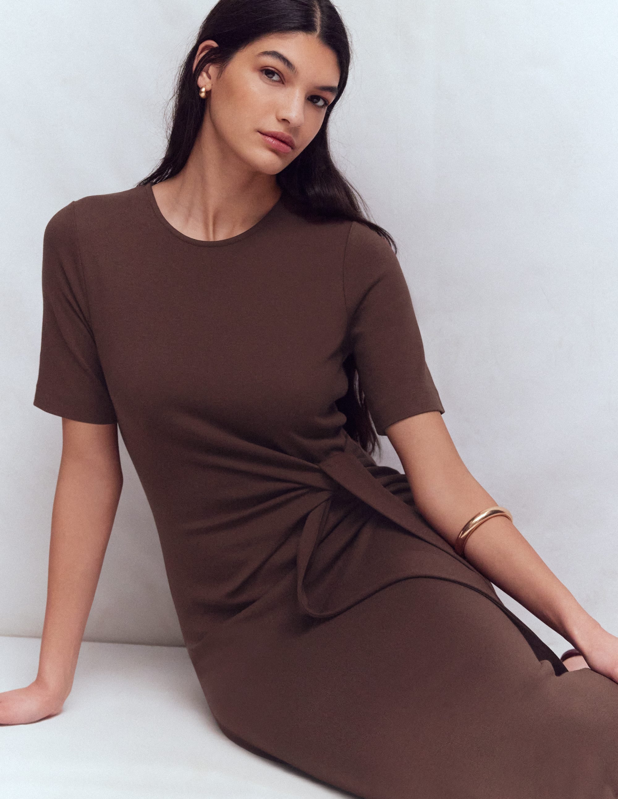 Zinnia Tie Ponte Midi Dress-Espresso | Boden USA