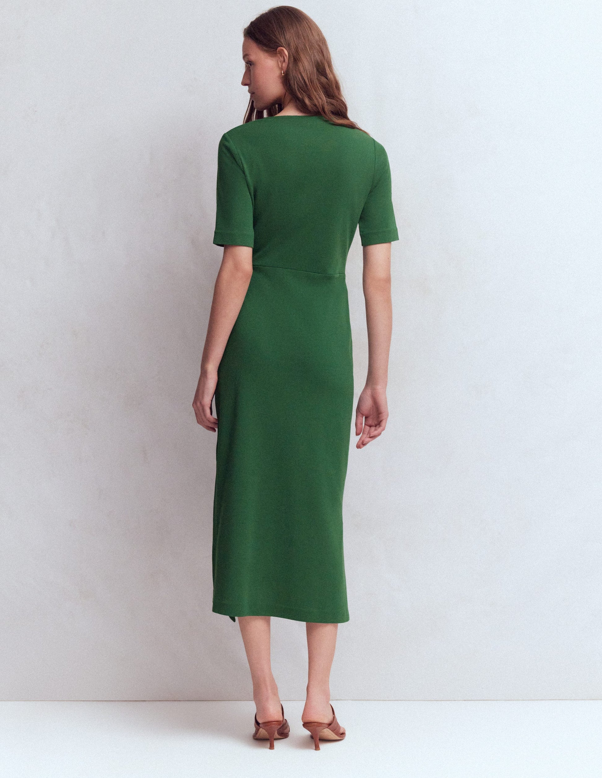 slim fit dress slacks Zinnia Tie Ponte Midi Dress-Dark Green