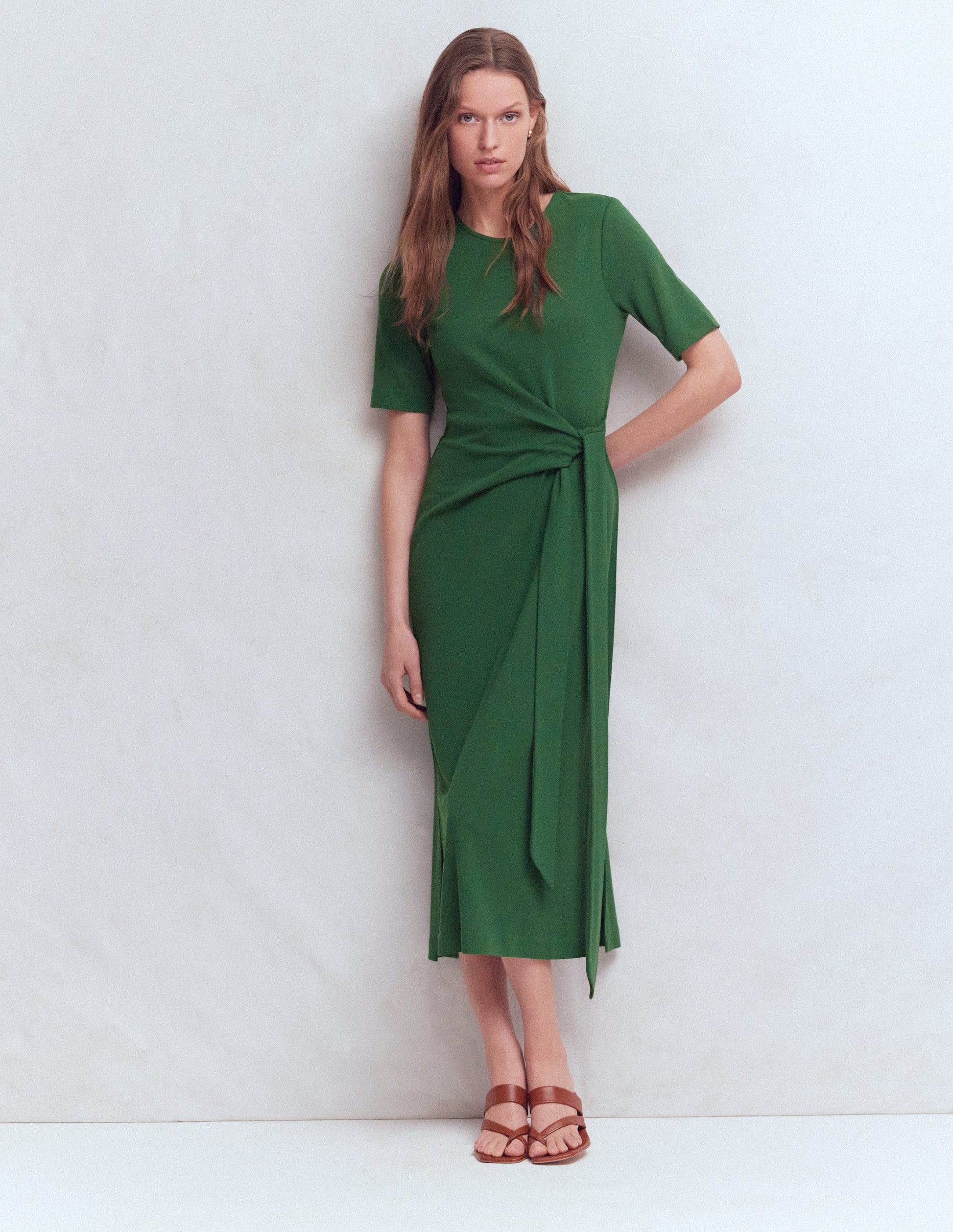 Zinnia Tie Ponte Midi Dress-Dark Green | Boden USA Zinnia Tie Ponte Midi Dress-Dark Green | Boden USA