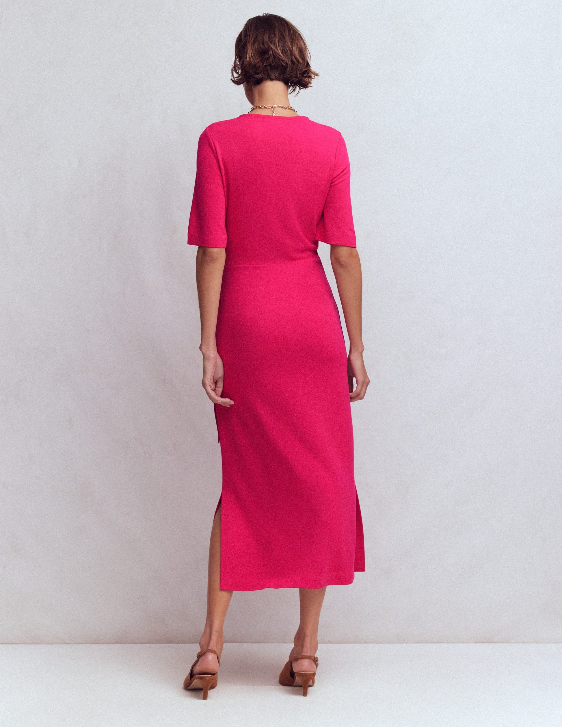 Zinnia Tie Ponte Midi Dress-Vibrant Pink-4