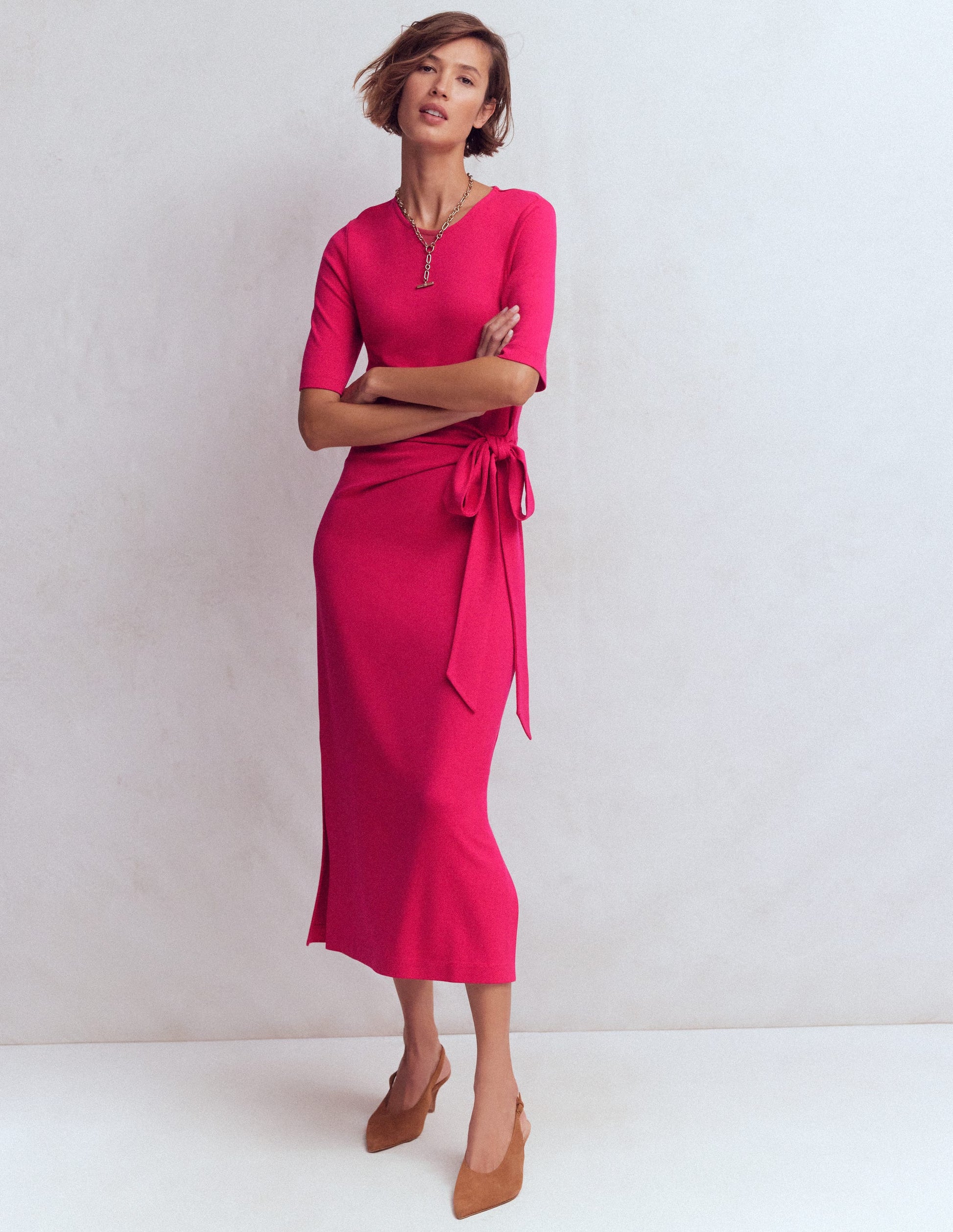 Zinnia Tie Ponte Midi Dress-Vibrant Pink-5