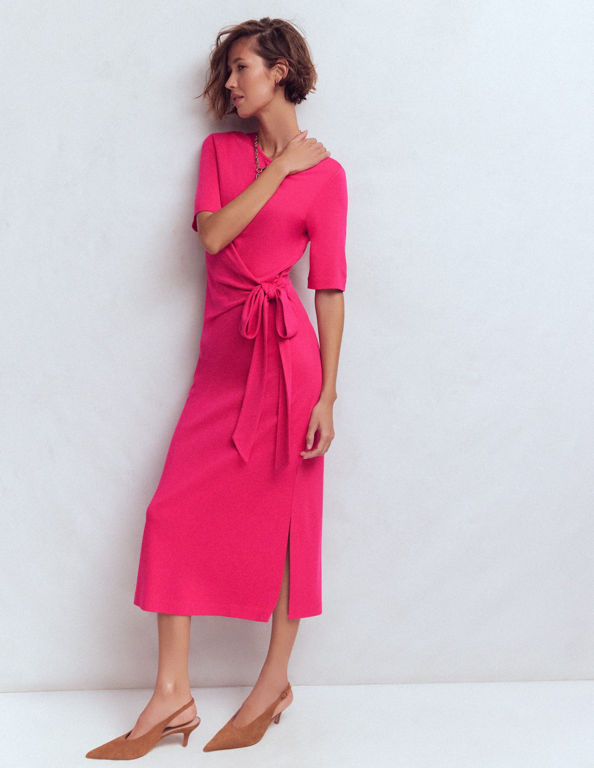 Zinnia Tie Ponte Midi Dress-Vibrant Pink-1