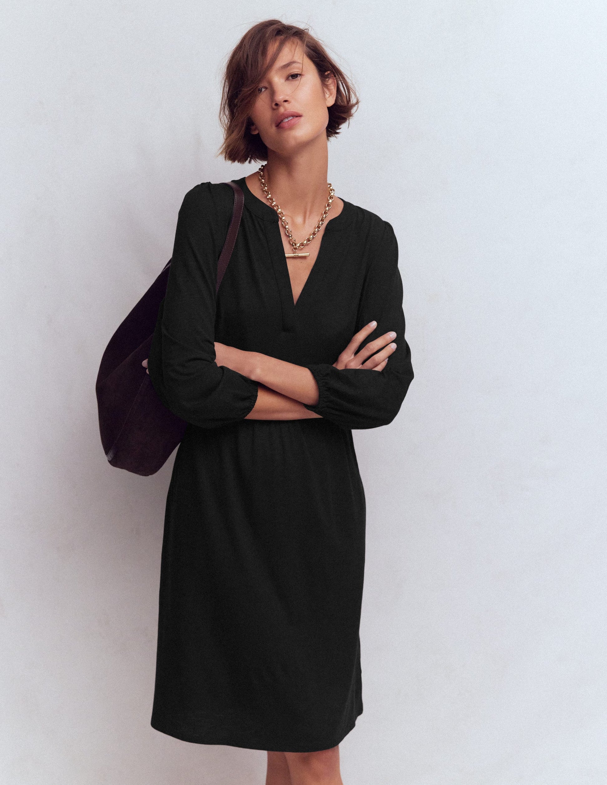 Cathy Notch Neck Jersey Dress-Black-1