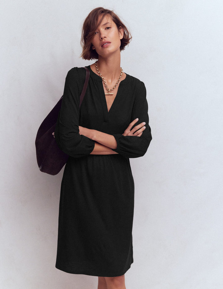 Cathy Notch Neck Jersey Dress-Black