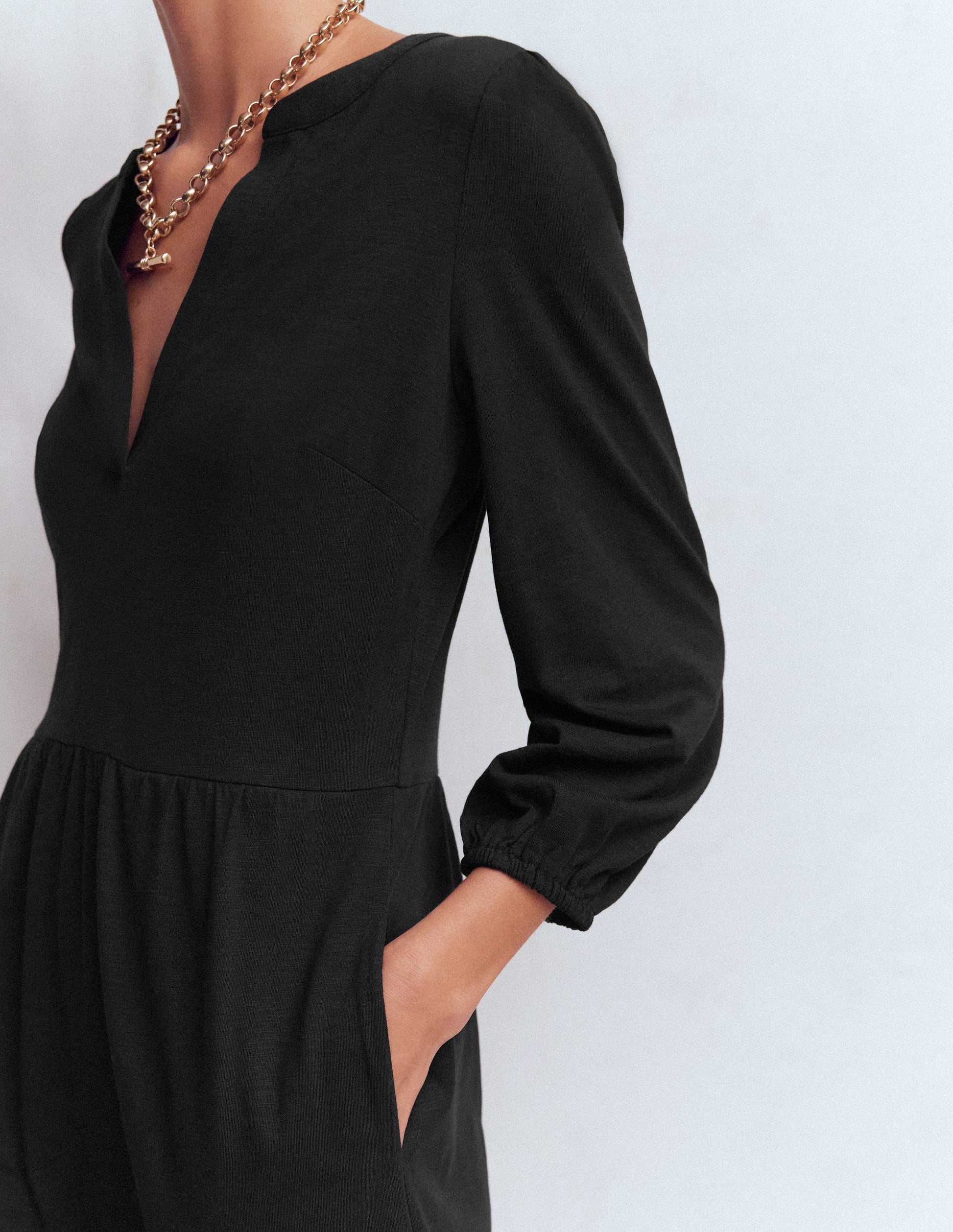 Cathy Notch Neck Jersey Dress-Black-2