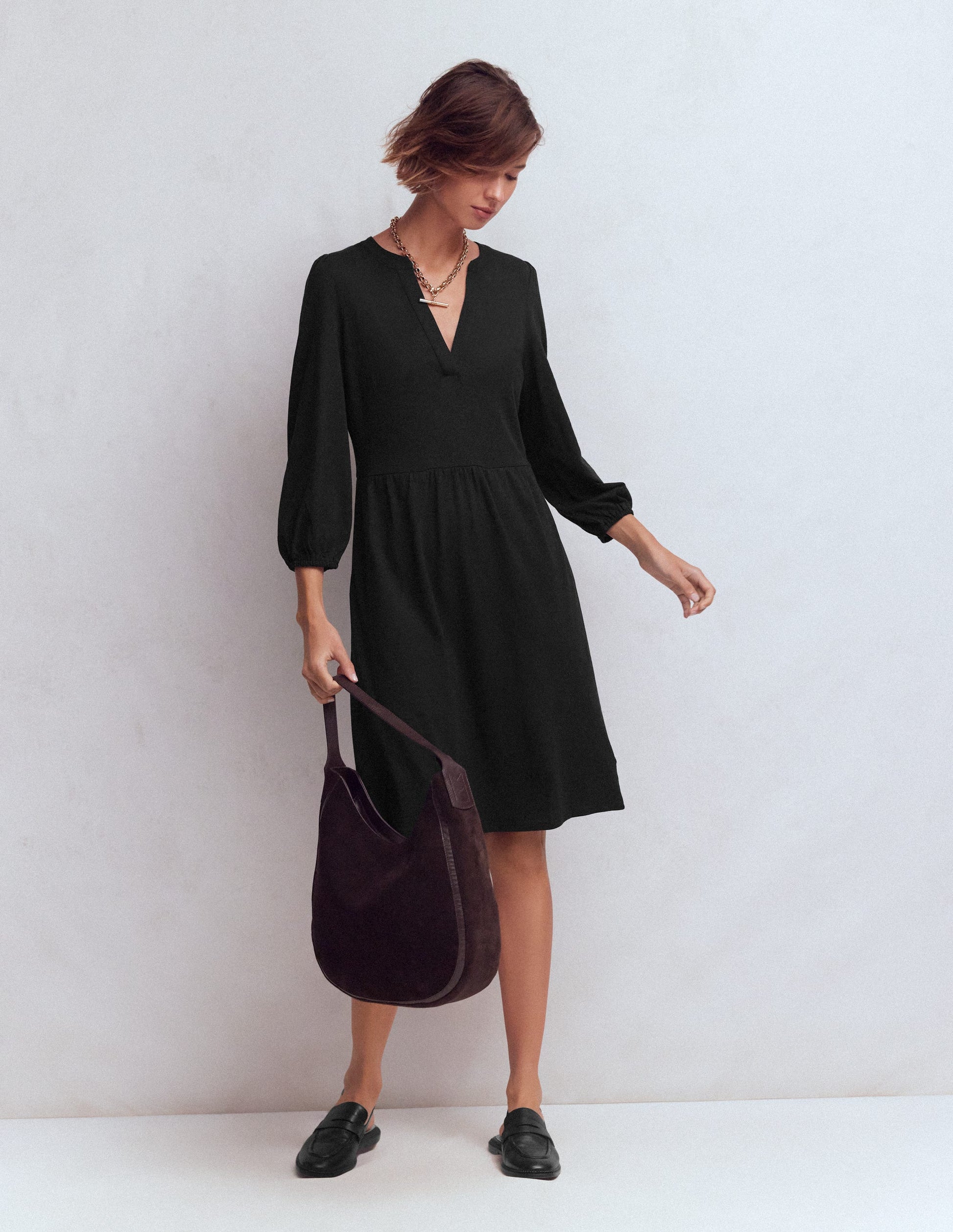 Cathy Notch Neck Jersey Dress-Black-4