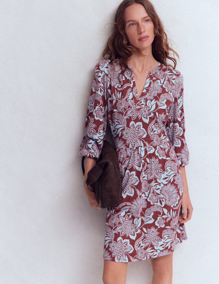 Cathy Notch Neck Jersey Dress-Roasted Brown, Elegant Blossom