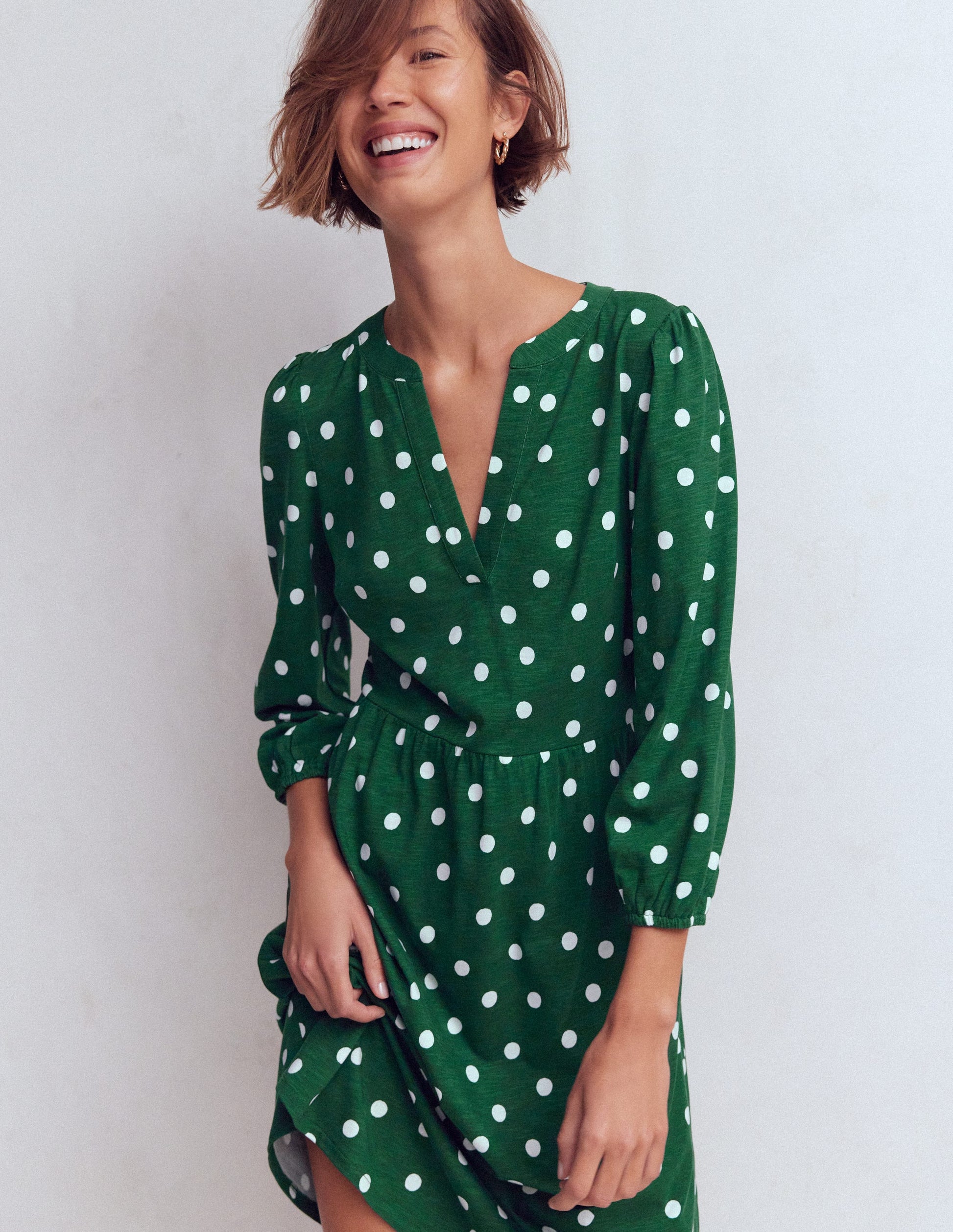 Cathy Notch Neck Jersey Dress-Hunter Green, Painted Dot-1