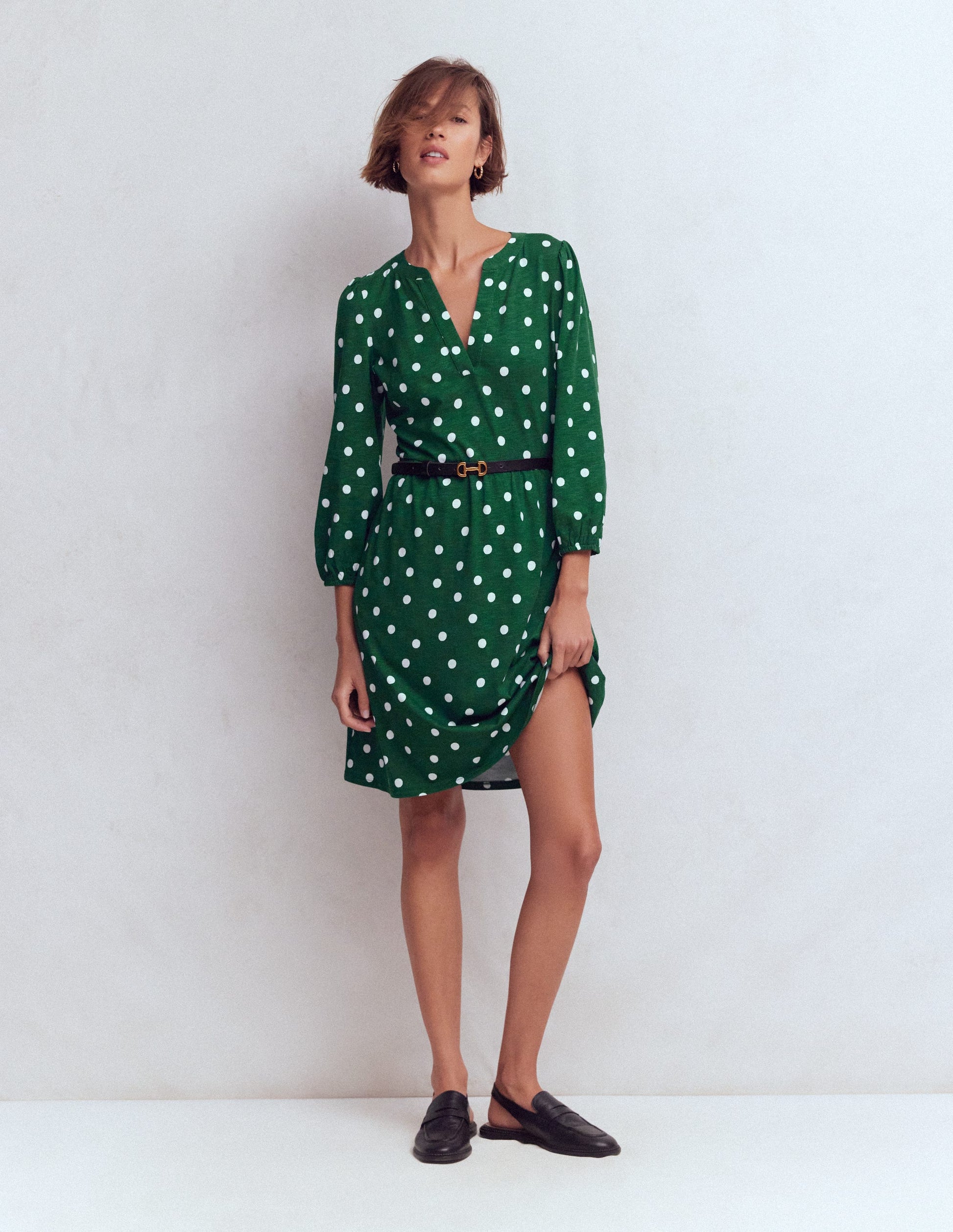 Cathy Notch Neck Jersey Dress-Hunter Green, Painted Dot-4