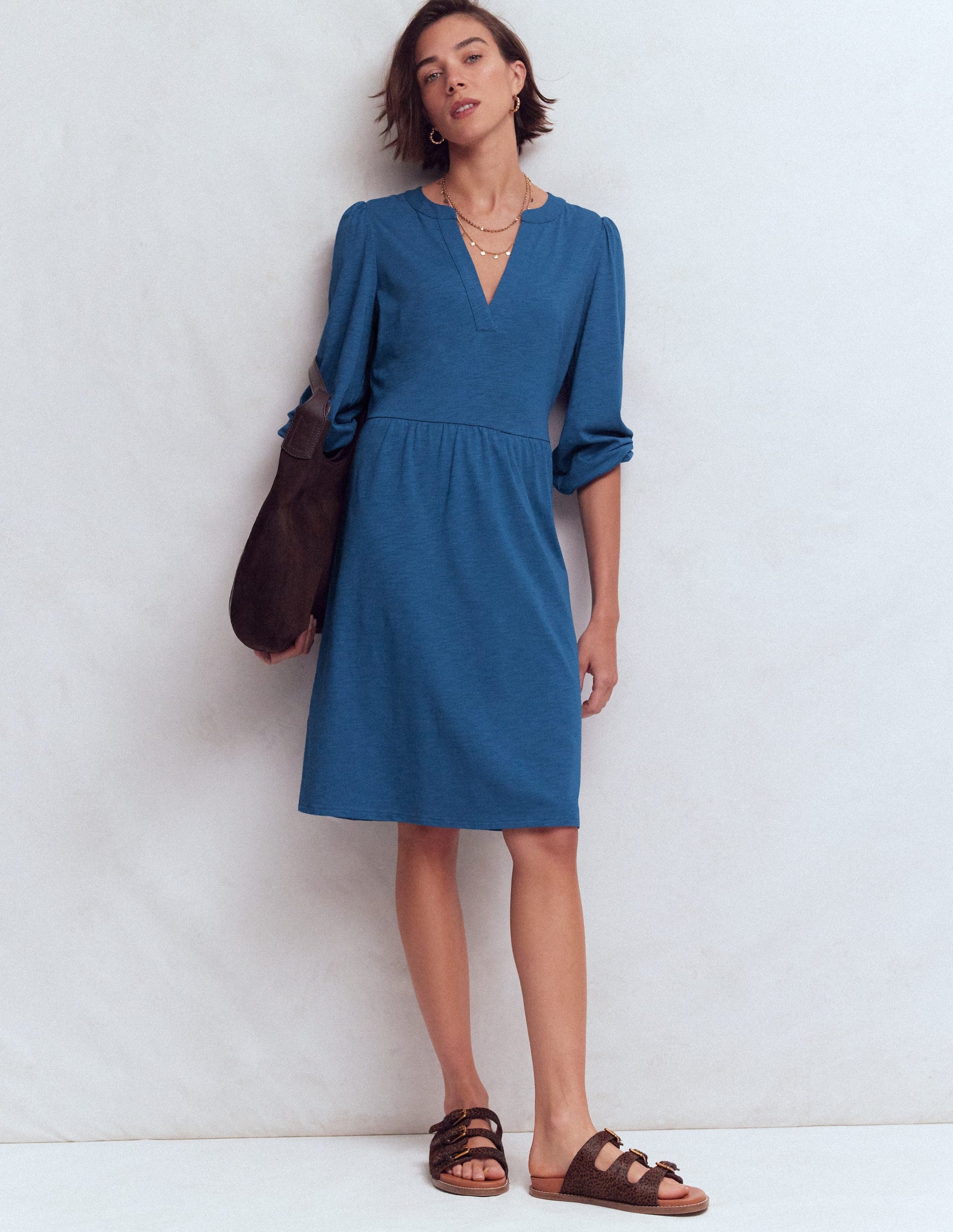 Cathy Notch Neck Jersey Dress-Tourmaline Blue-1