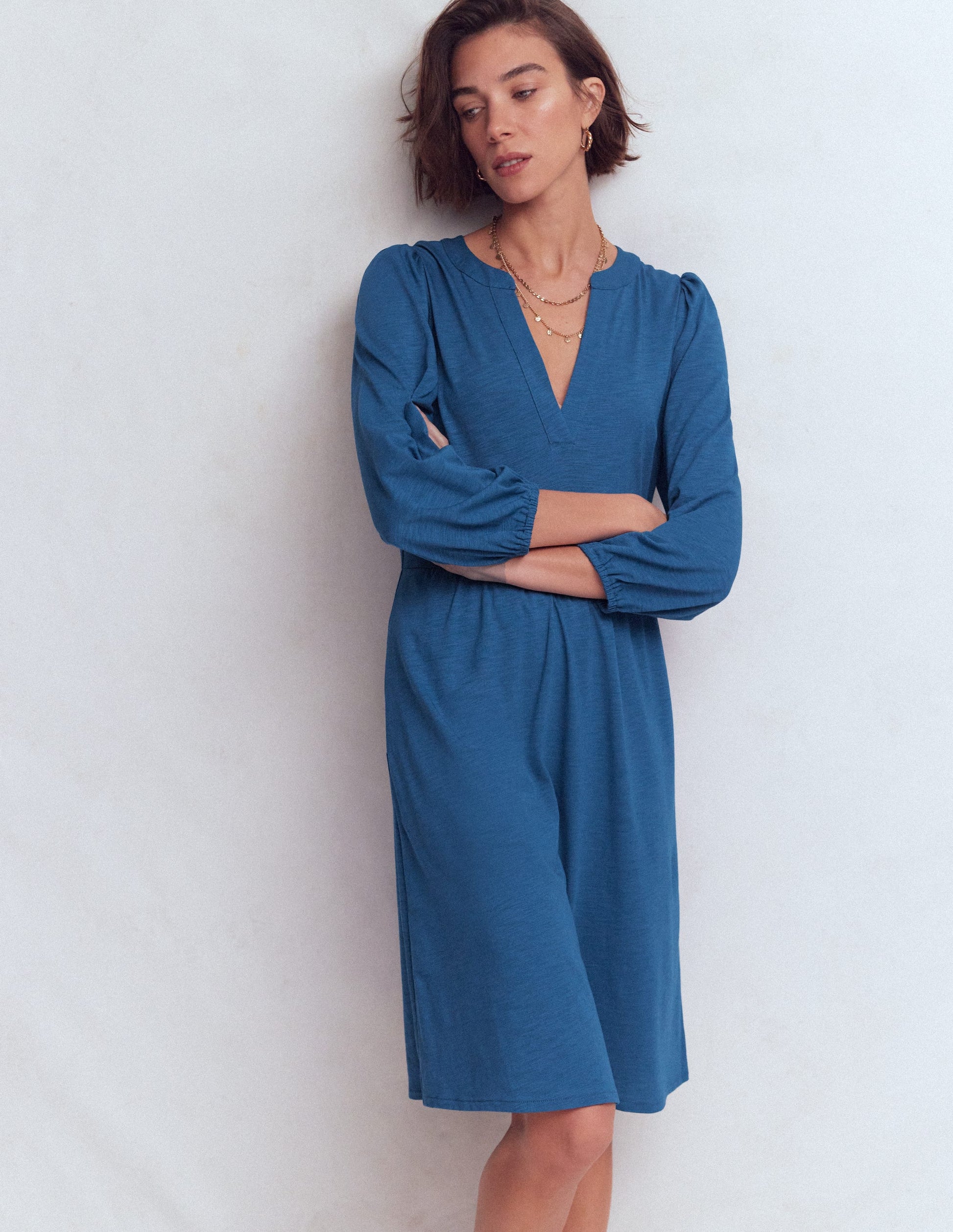 Cathy Notch Neck Jersey Dress - Tourmaline Blue