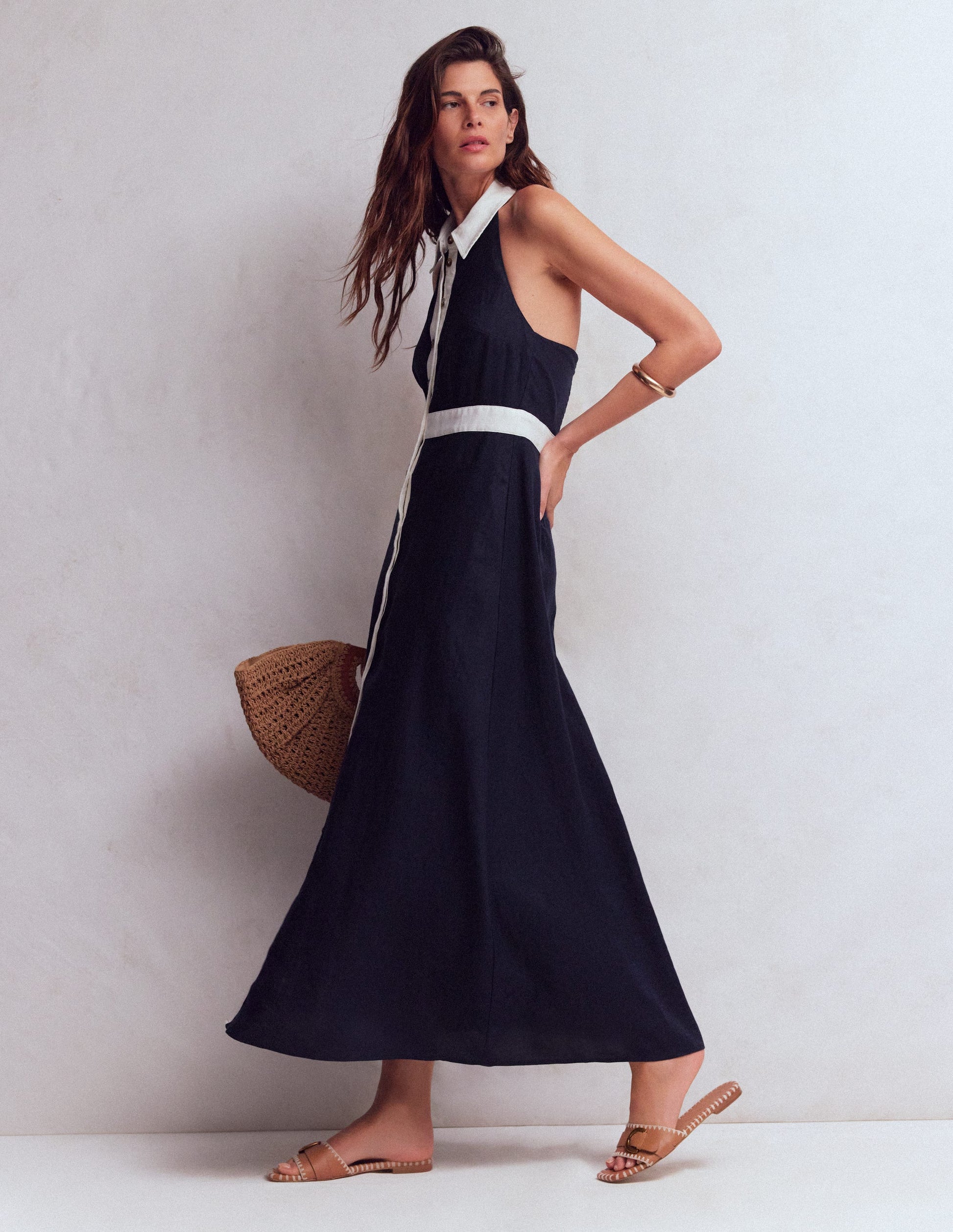 chinese dress ladies Collar Halter Neck Linen Dress-Navy Ivory