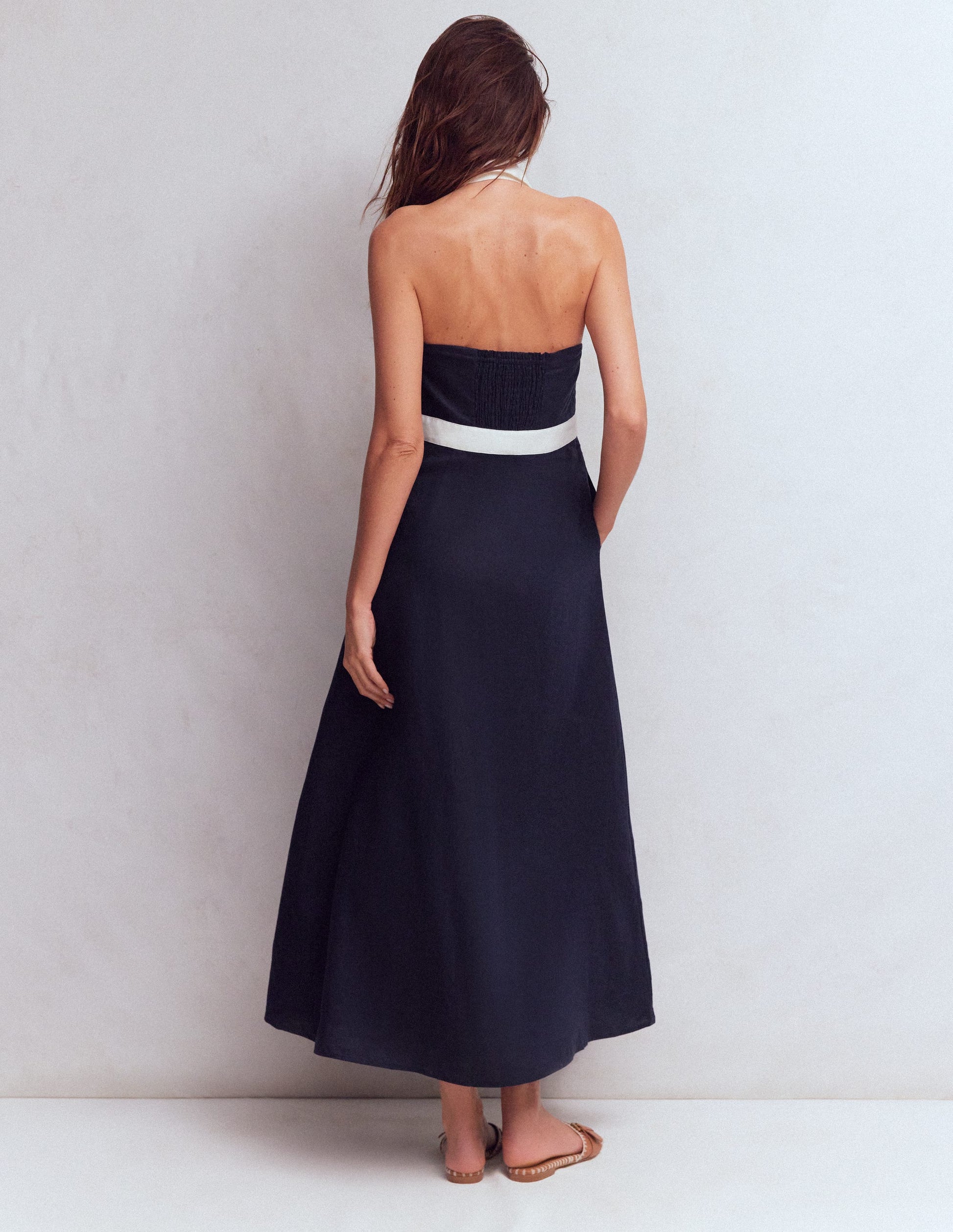 chinese dress ladies Collar Halter Neck Linen Dress-Navy Ivory