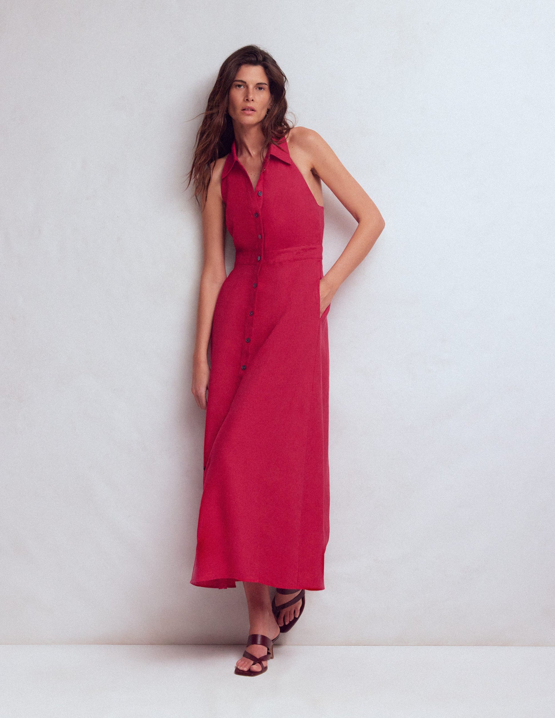 Eva Collar Halter Linen Dress-Pomegranate-4