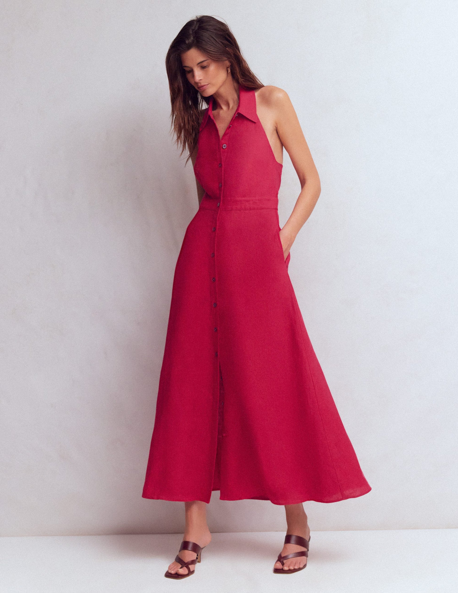 knee length dresses for ladies Collar Halter Neck Linen Dress-Pomegranate