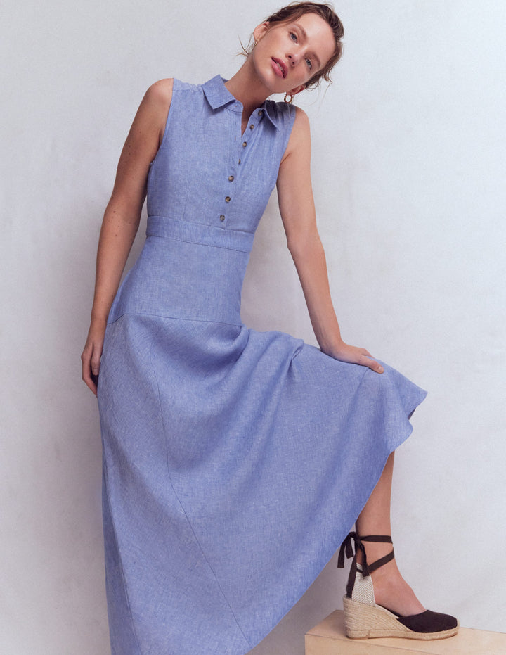 Erma Drop Waist Linen Dress-Chambray