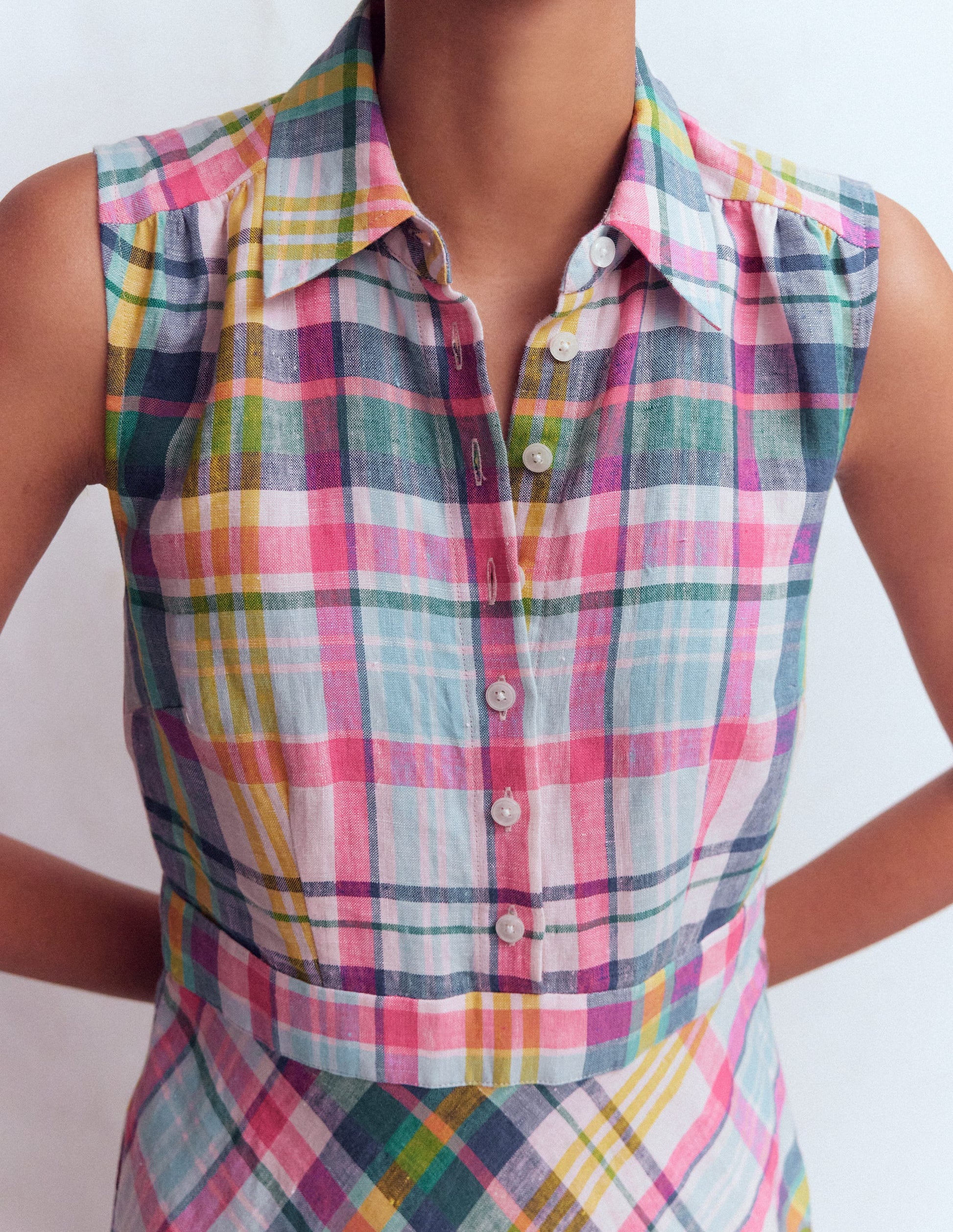 Erma Drop Waist Linen Dress-Blue, Pink and Green Madras-3