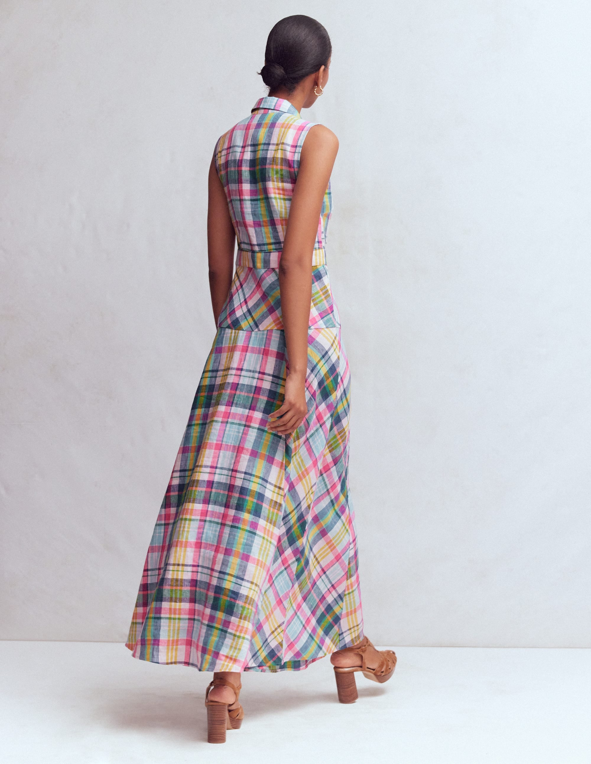 Erma Drop Waist Linen Dress-Blue, Pink and Green Madras - Image 3