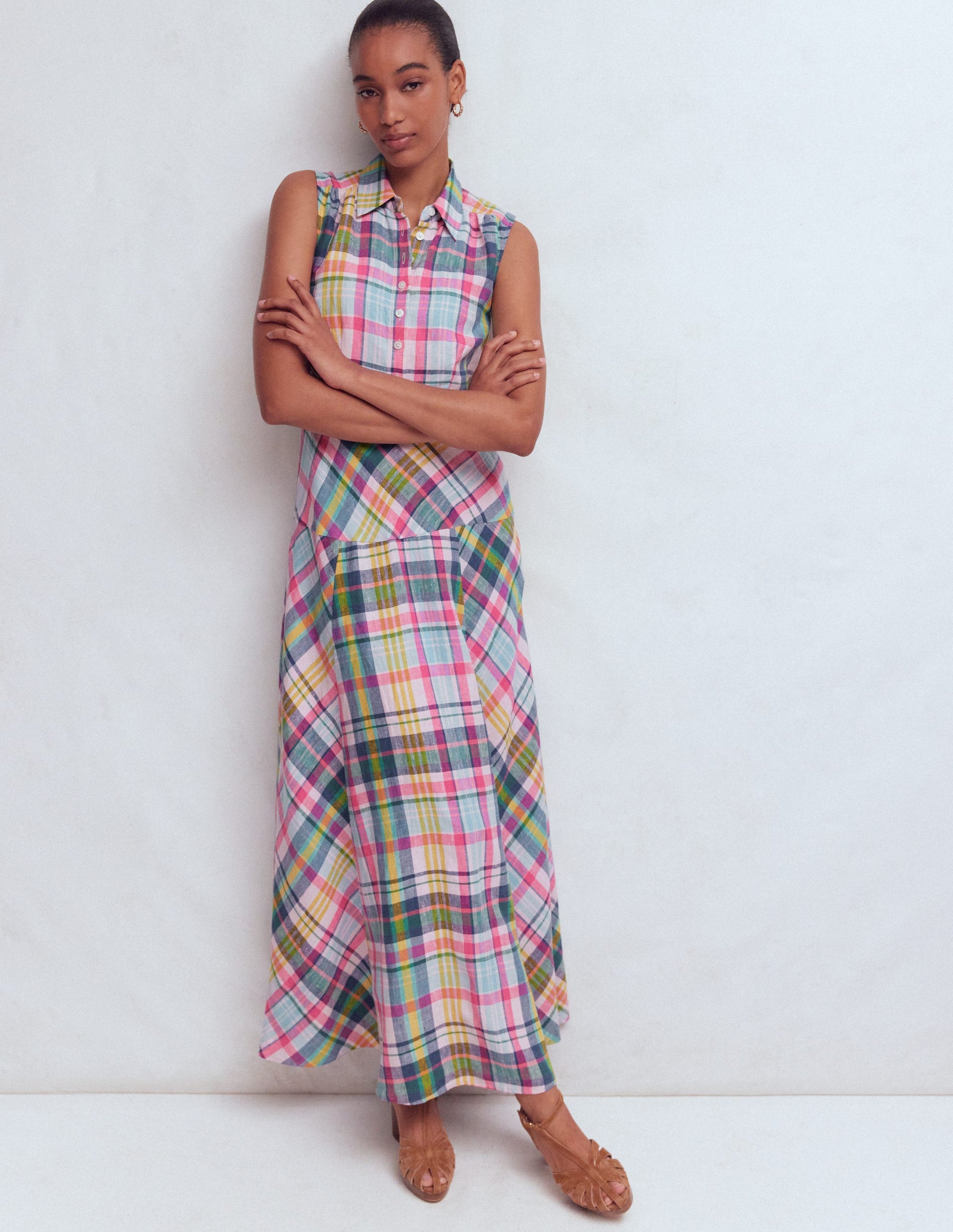 Erma Drop Waist Linen Dress-Blue, Pink and Green Madras-5
