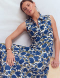 Erma Drop Waist Linen Dress-Blue Shadow Blossom