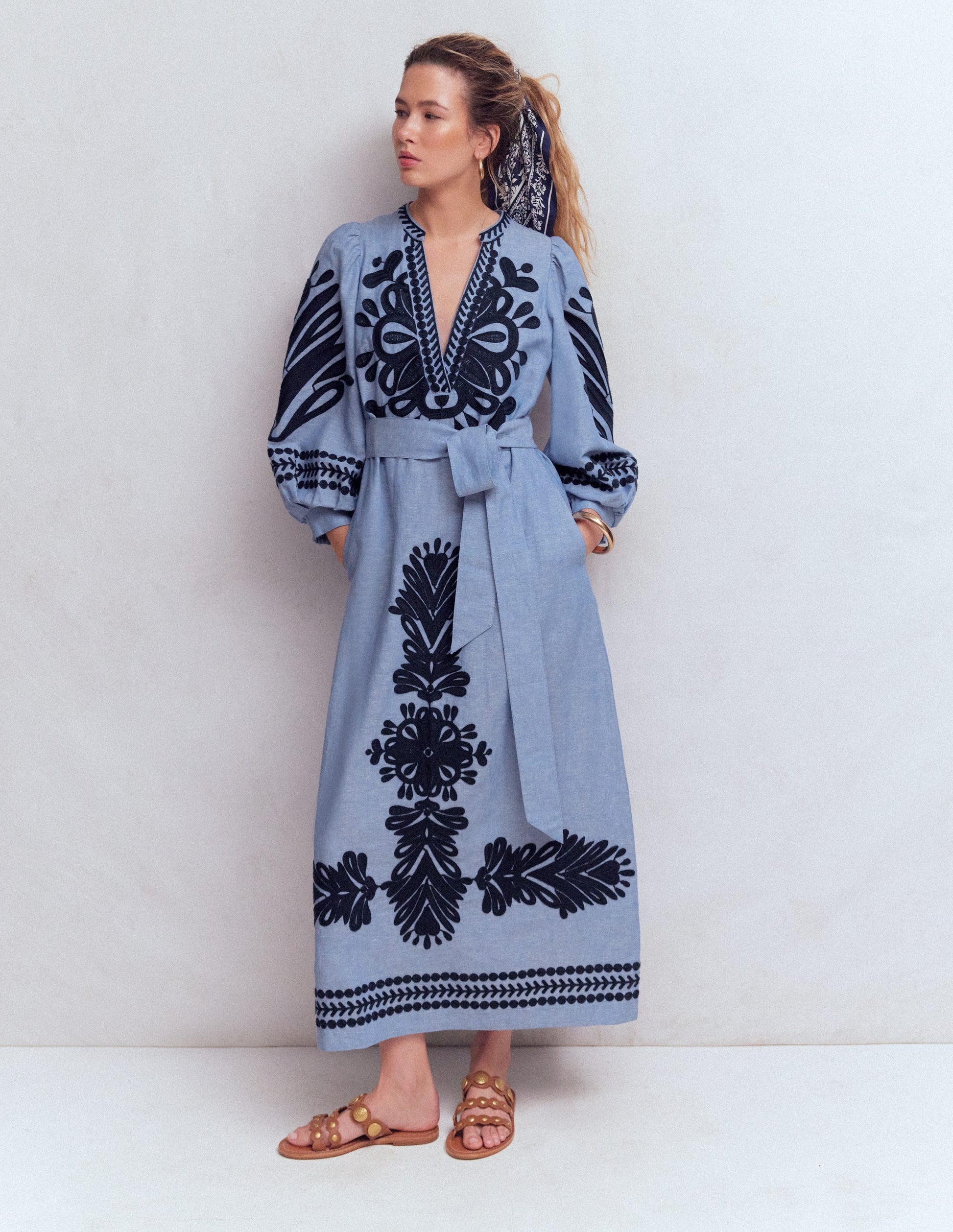 Octavia Linen Dress-Embroidered Chambray-3