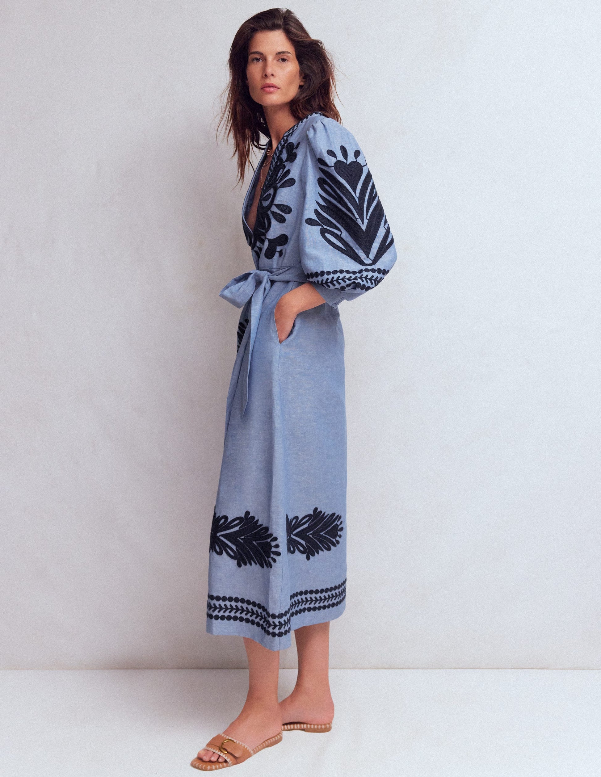 Octavia Linen Blend Dress - Embroidered Chambray
