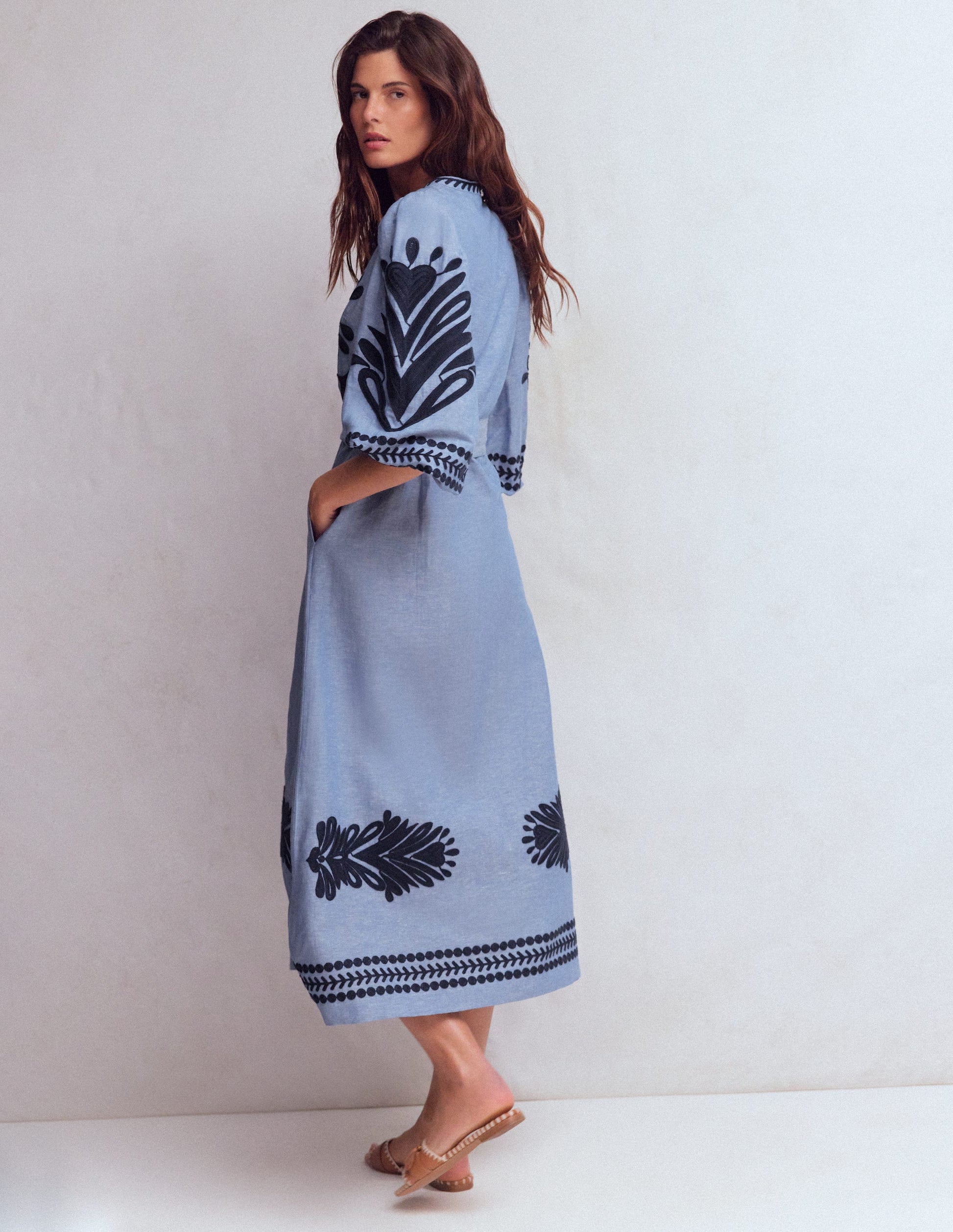 Octavia Linen Blend Dress-Embroidered Chambray | Boden USA Octavia Linen Blend Dress-Embroidered Chambray | Boden USA