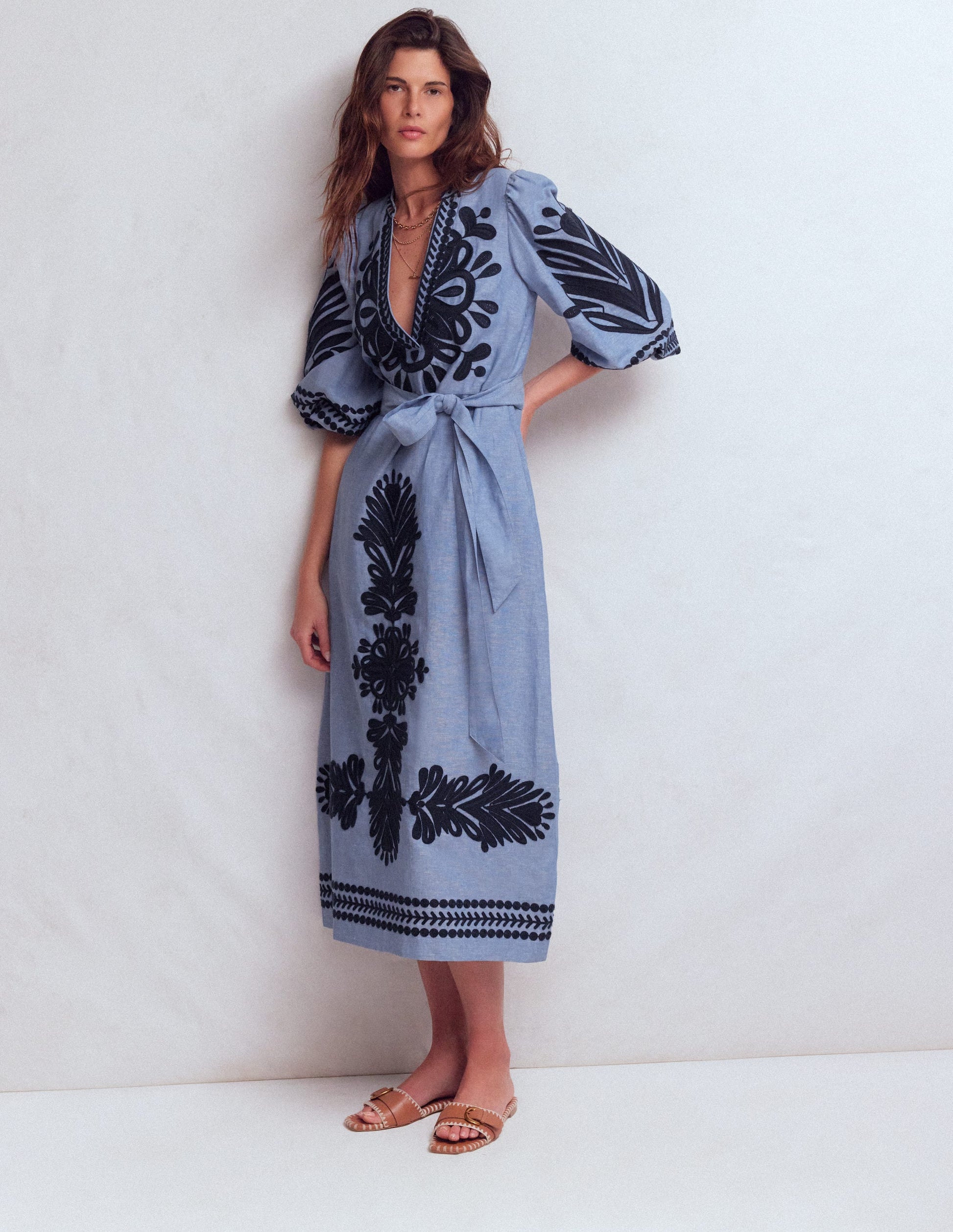 Octavia Linen Blend Dress-Embroidered Chambray | Boden USA Octavia Linen Blend Dress-Embroidered Chambray | Boden USA