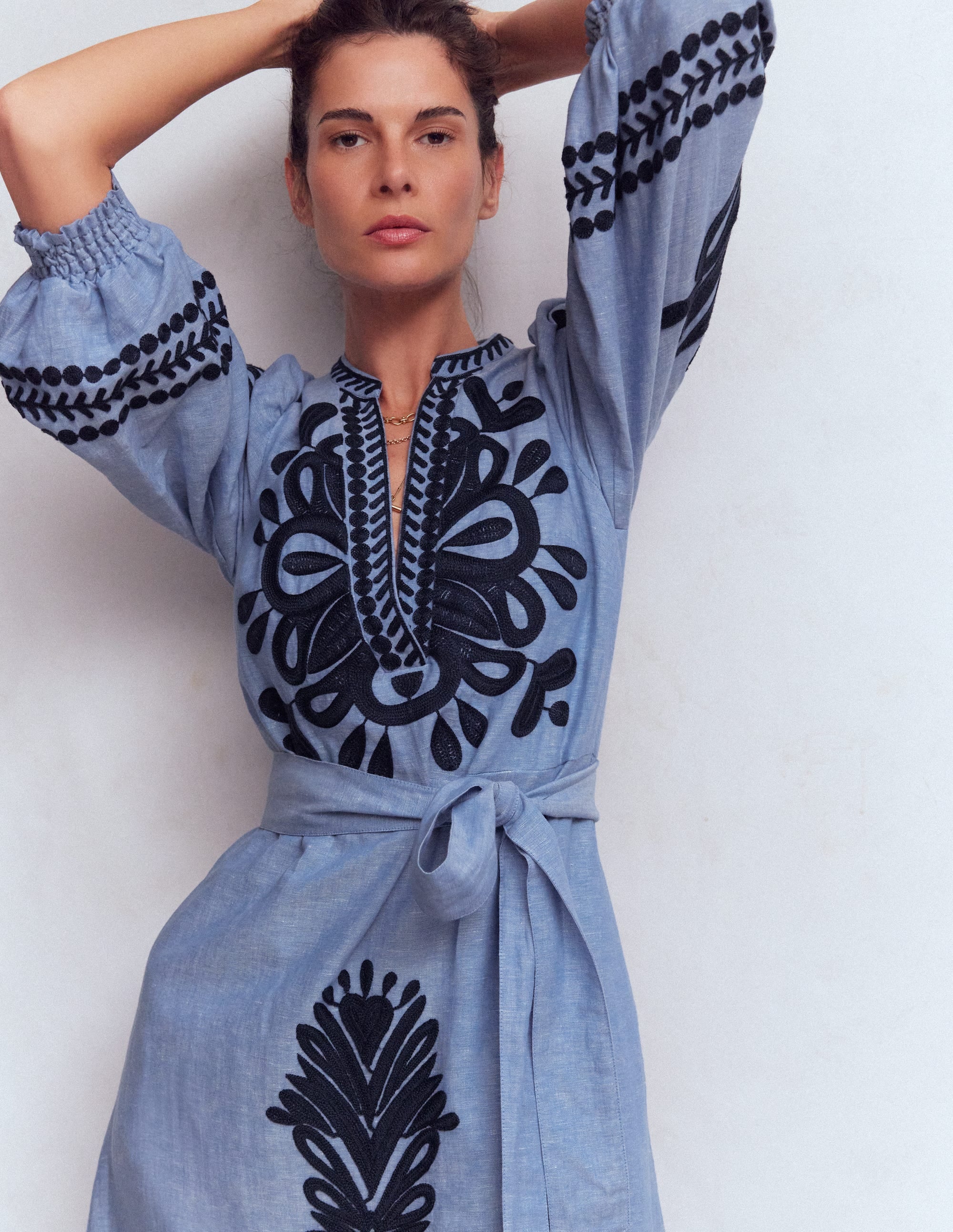 Octavia Linen Blend Dress-Embroidered Chambray | Boden USA