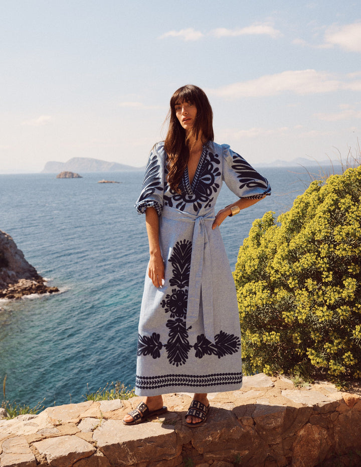 Octavia Linen Dress-Emb Chambray