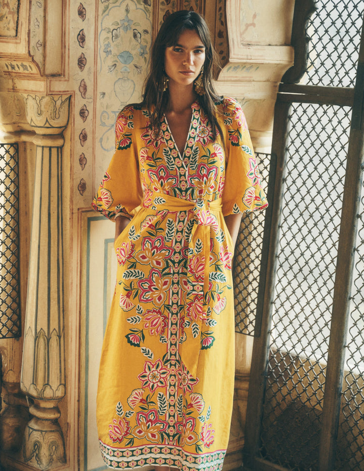 Octavia Linen Dress-Yellow Blossom Elegance
