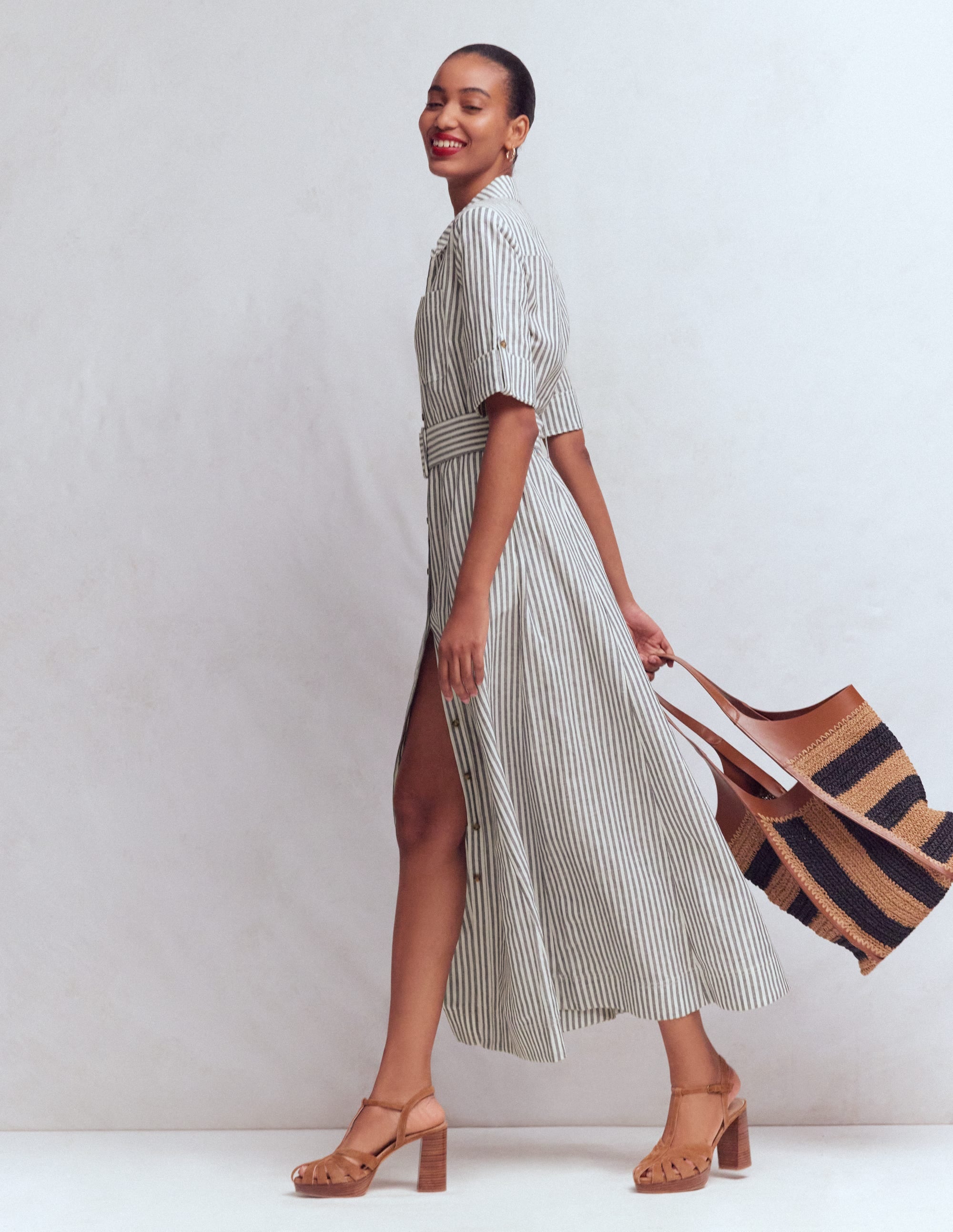 Ora Linen Blend Shirt Dress-Navy Ivory Stripe - Image 4
