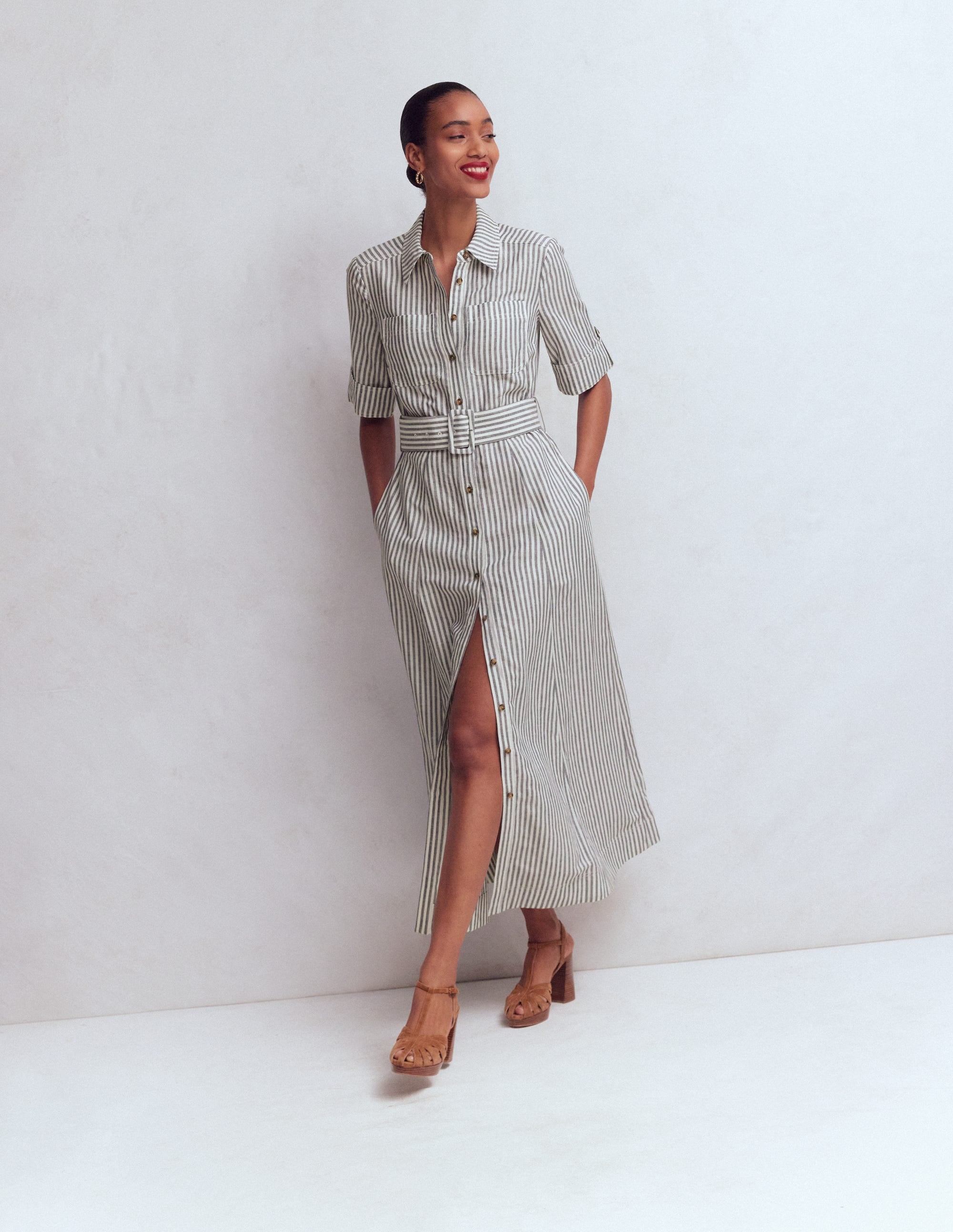 Ora Linen Blend Shirt Dress-Navy Ivory Stripe - Image 6