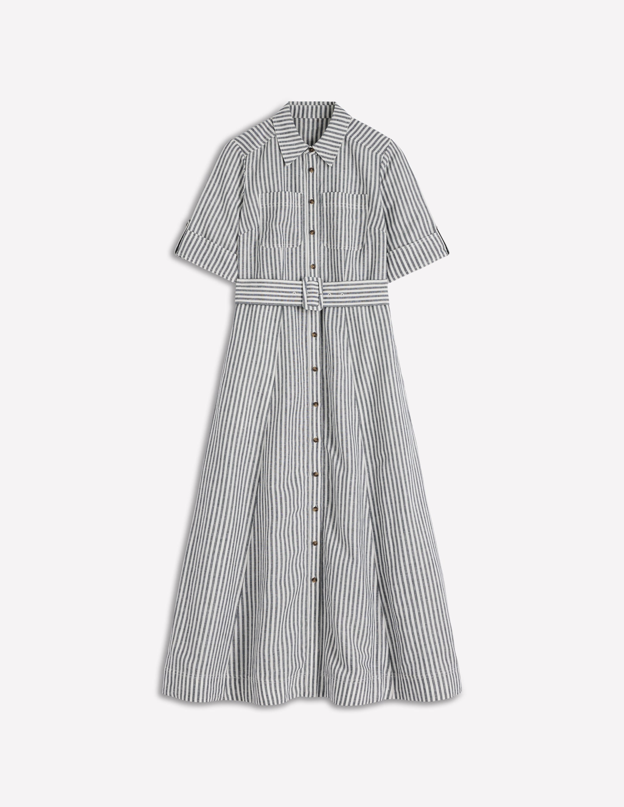 Ora Linen Blend Shirt Dress-Navy Ivory Stripe - Image 7
