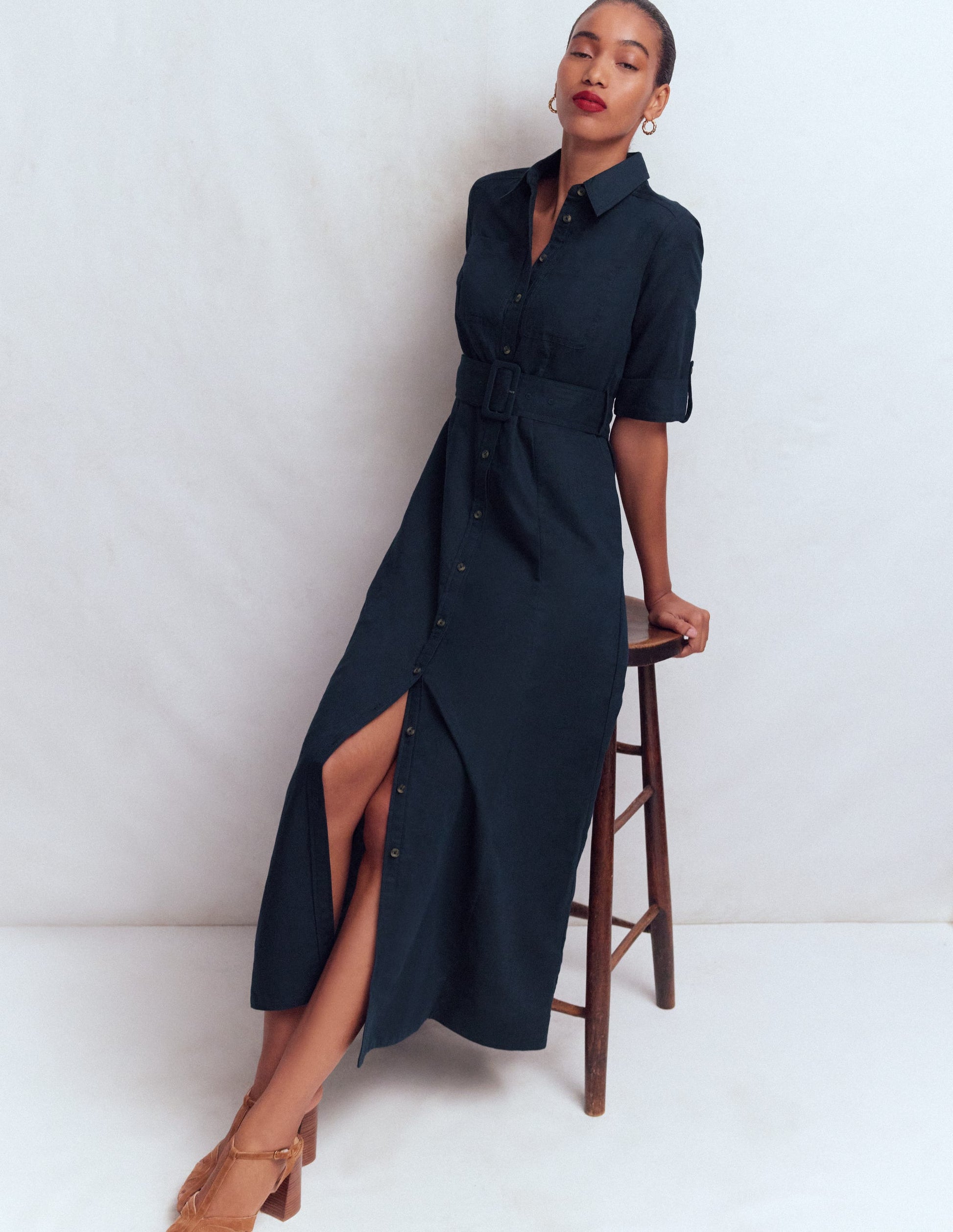 Ora Linen Blend Shirt Dress-Navy-1