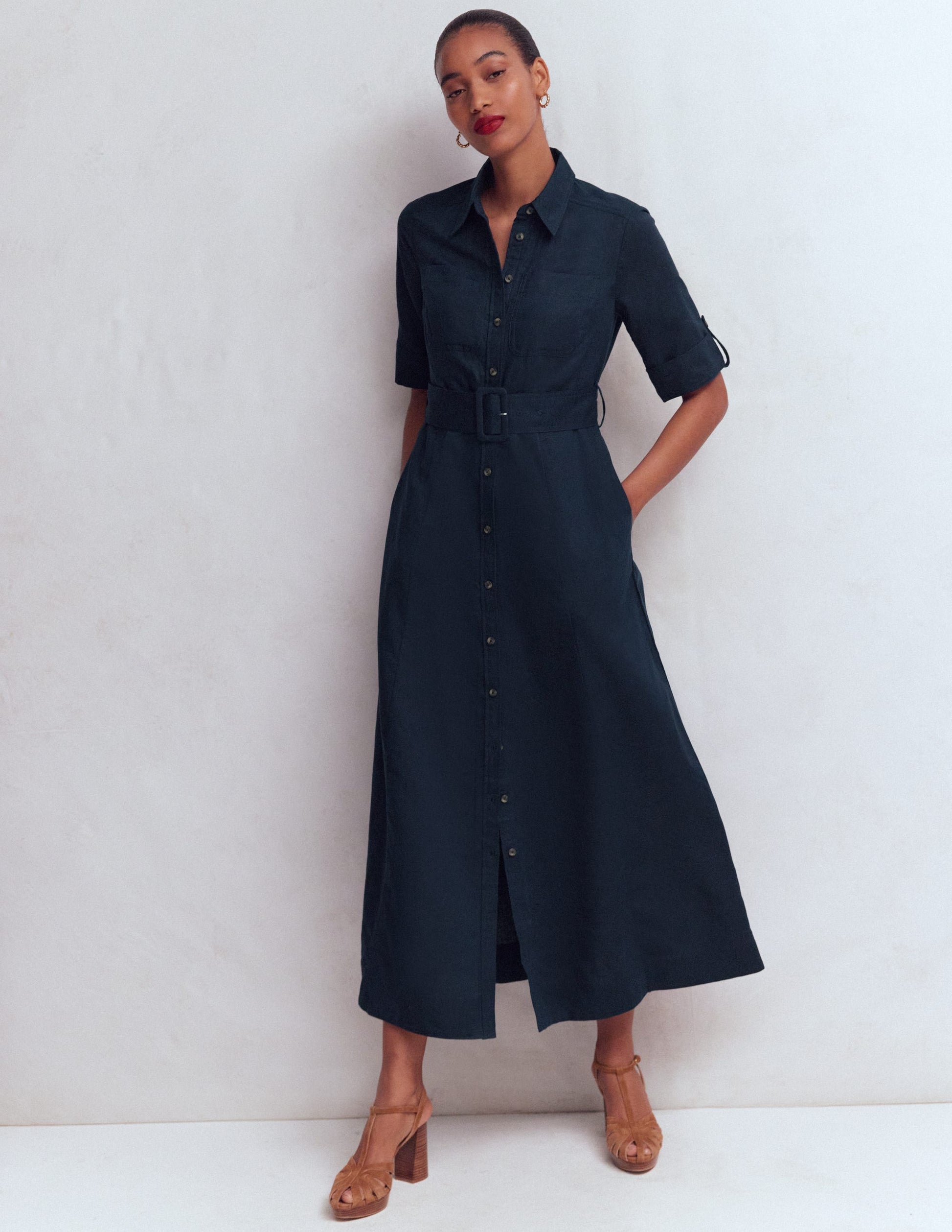 Ora Linen Blend Shirt Dress-Navy-4