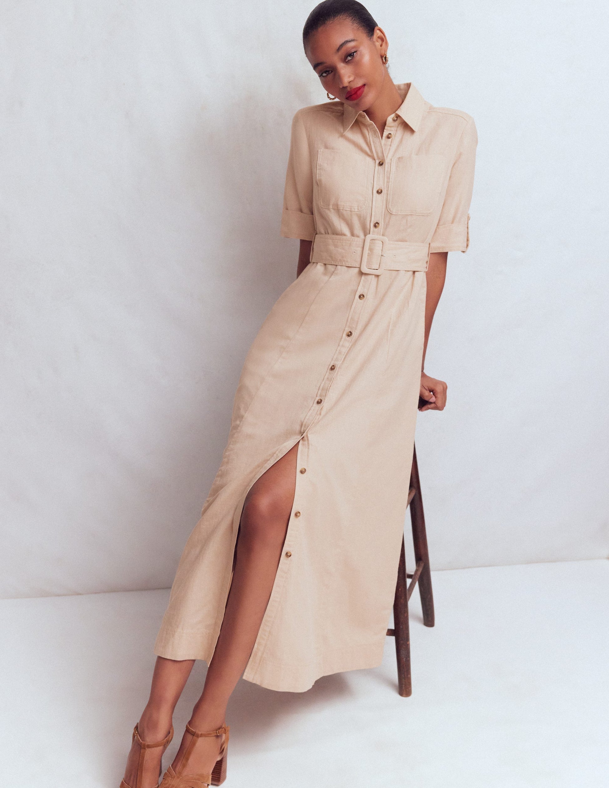 Ora Linen Blend Shirt Dress-Coffee-2