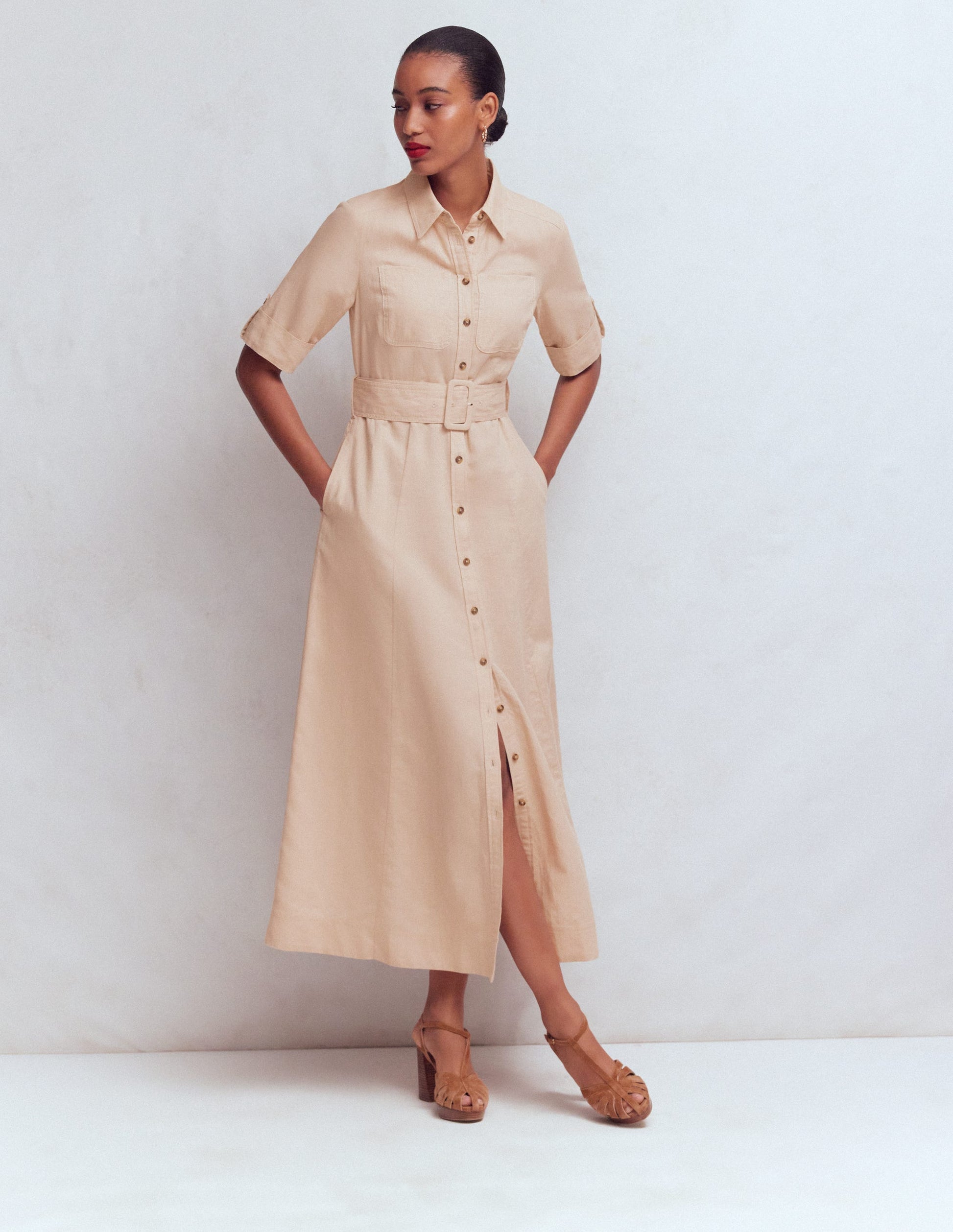 Ora Linen Blend Shirt Dress-Coffee-5