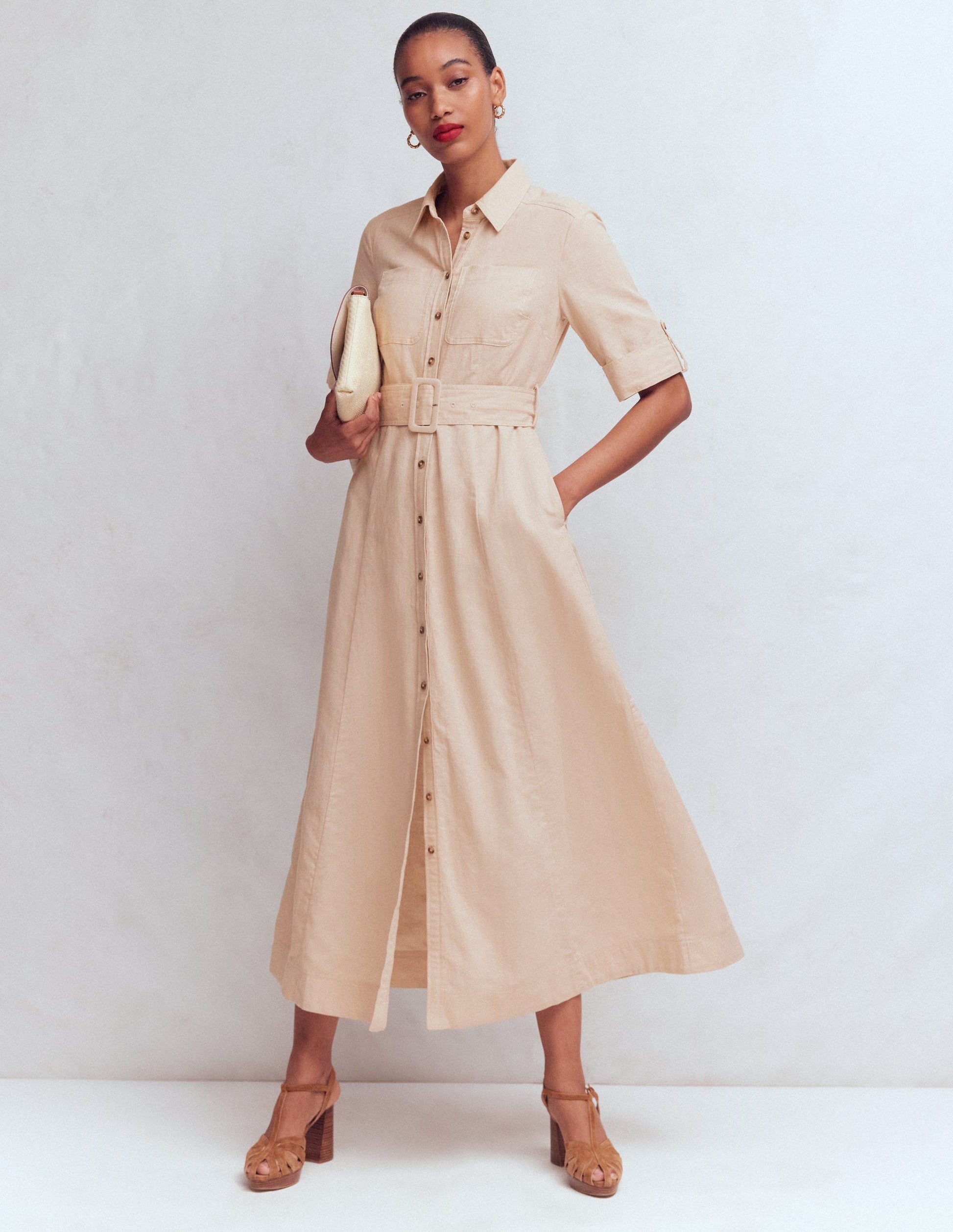 Ora Linen Blend Shirt Dress-Coffee-6