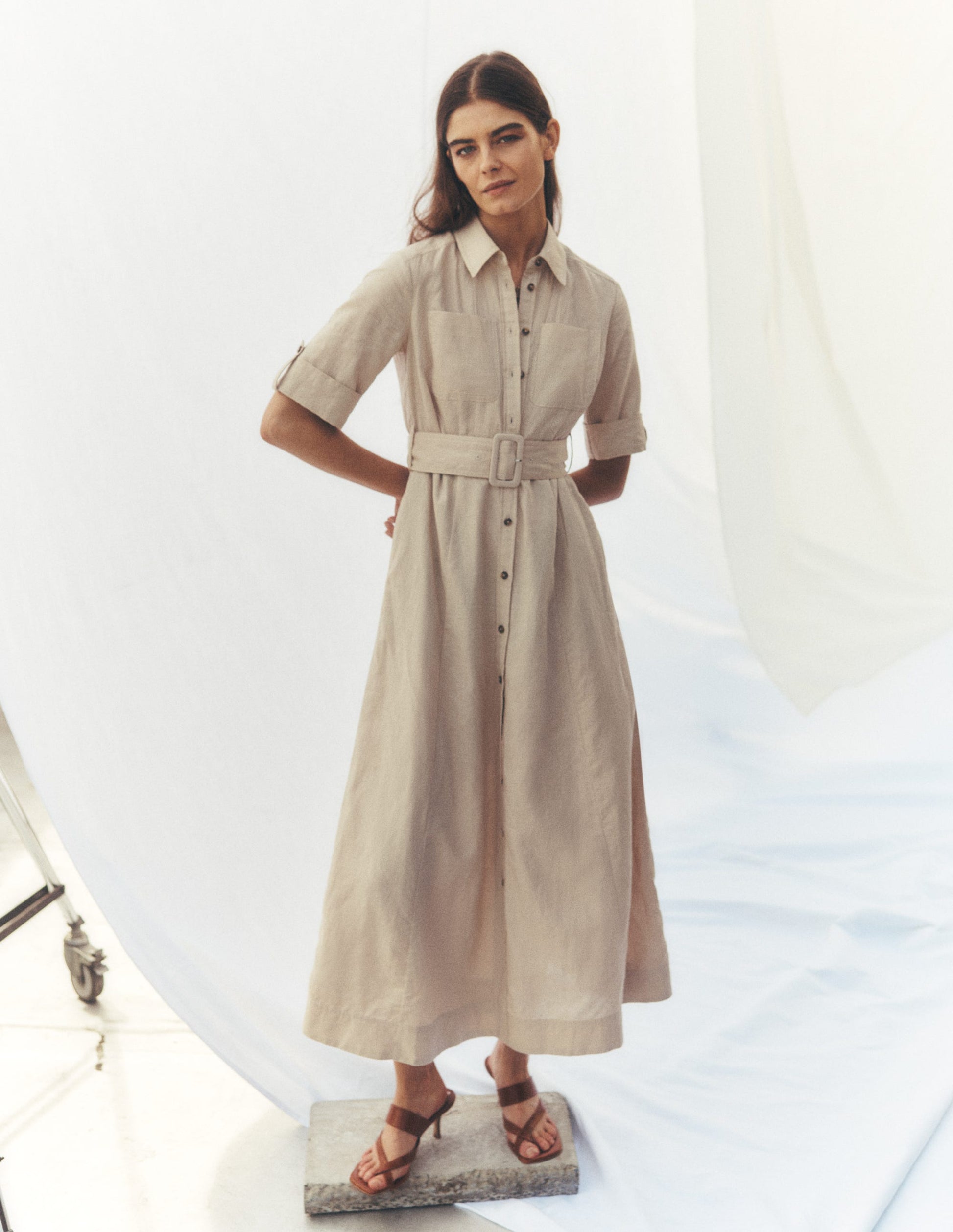 Ora Linen Blend Shirt Dress-Coffee-1