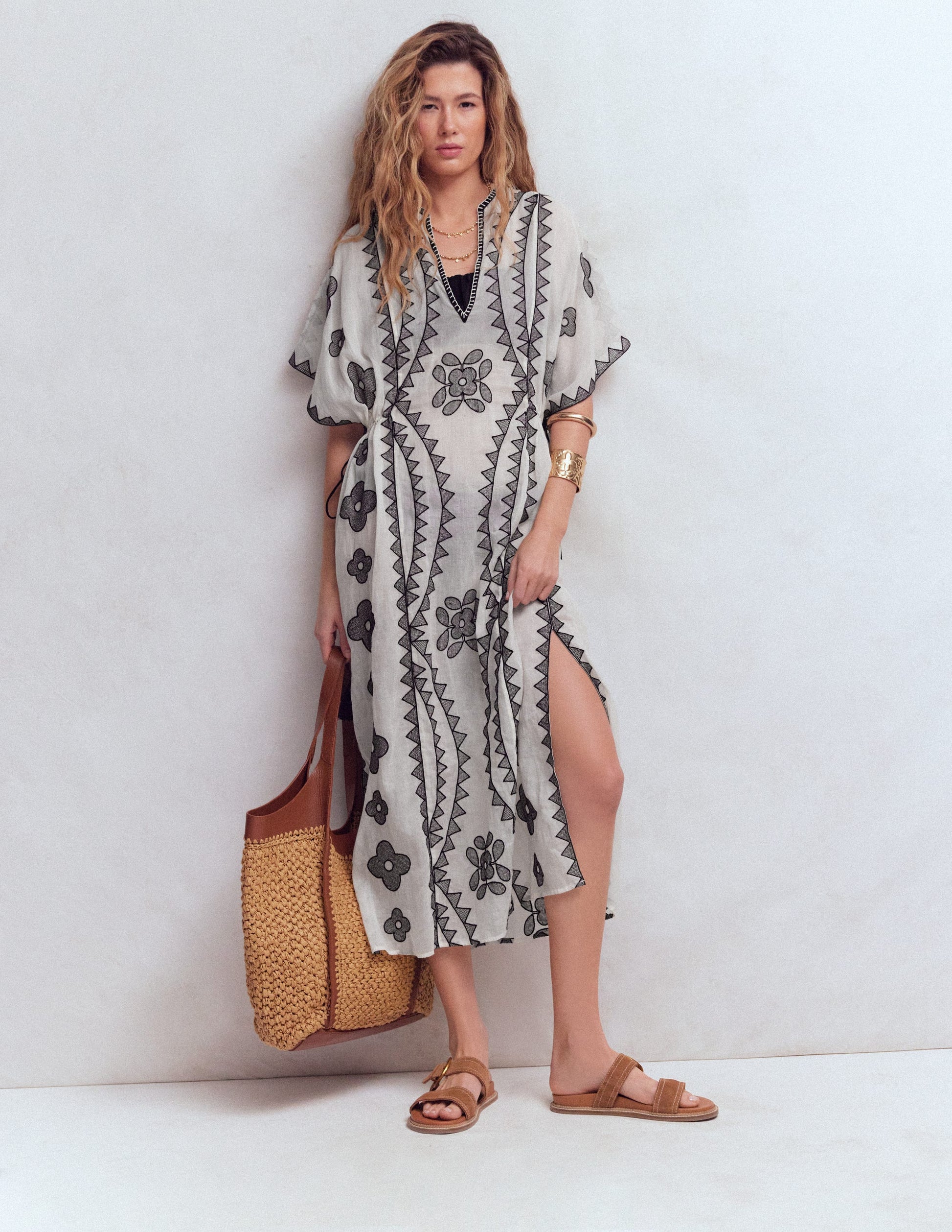 Side Tie Kaftan Dress-White Black Embroidered-1