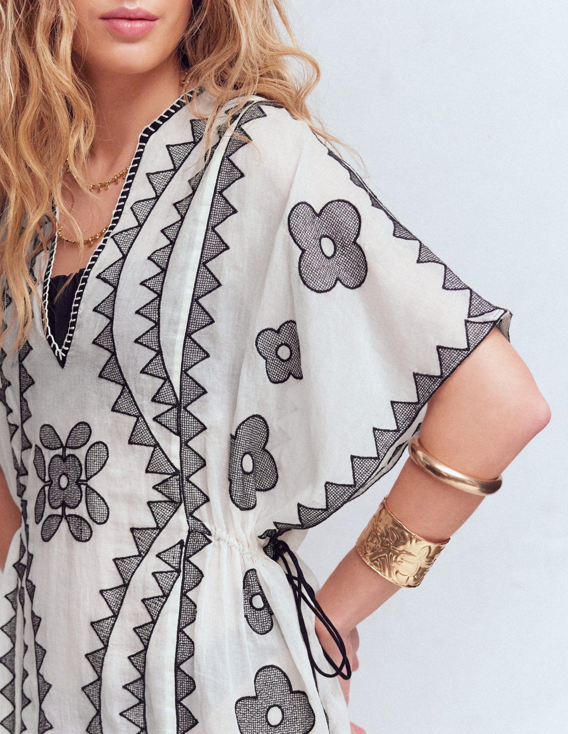 Side Tie Kaftan Dress-White Black Embroidered-2