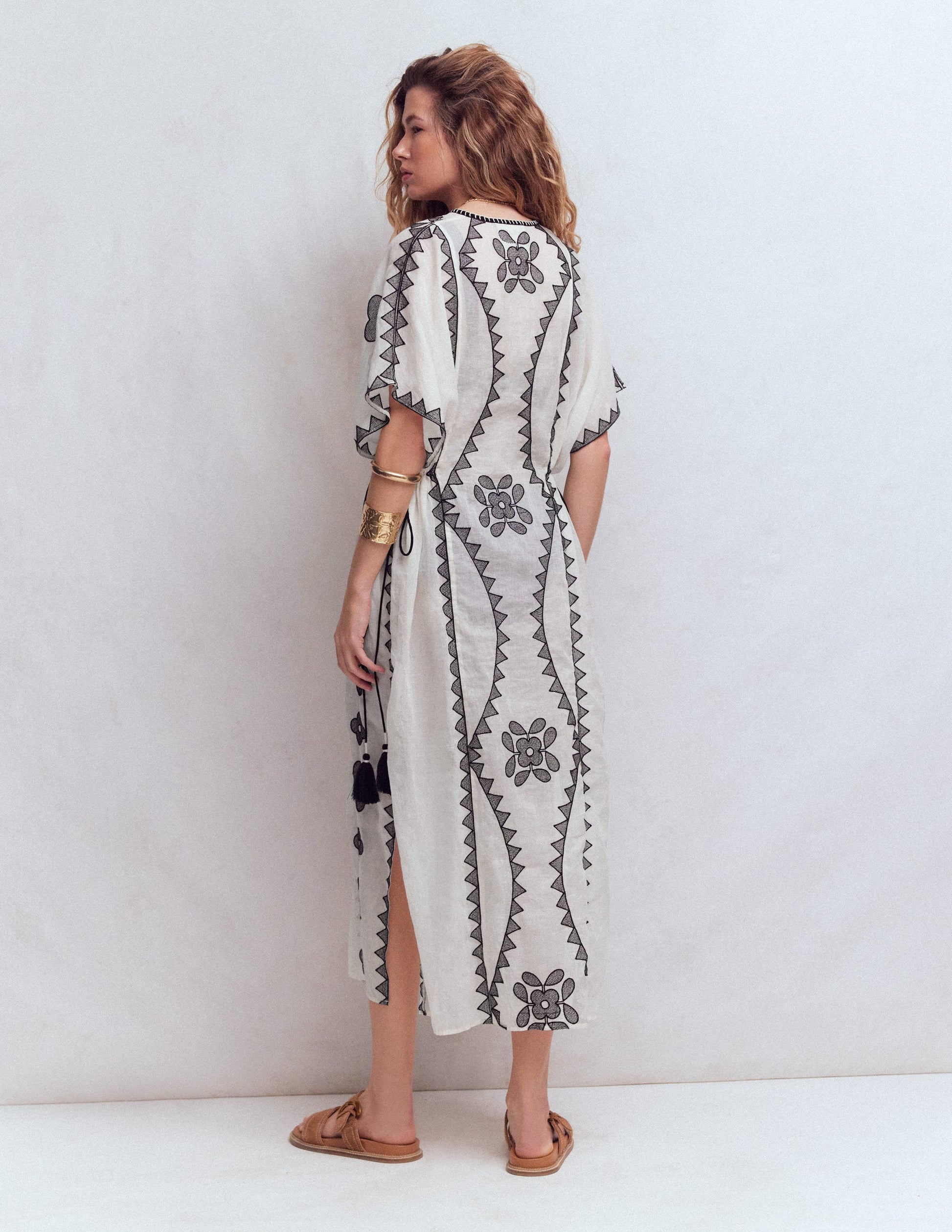 Side Tie Kaftan Dress-White Black Embroidered-3